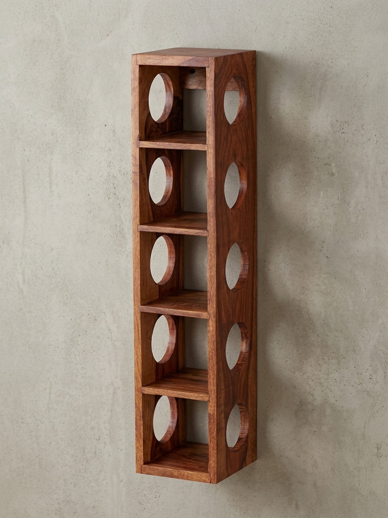 Weinregal MUMBAI Massivholz mit Ablage Wandmontage Modern, Dunkelbraun 15x15x70 cm
