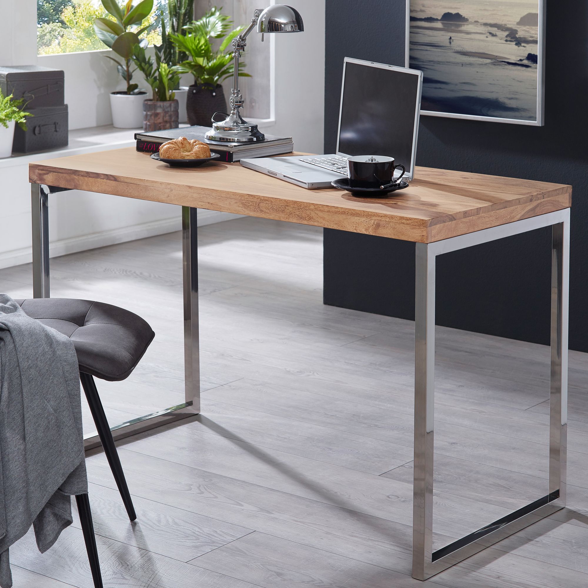 Schreibtisch Massivholz Metallbeine Landhausstil GUNA, Akazie 60x120x76 cm - Bild 1