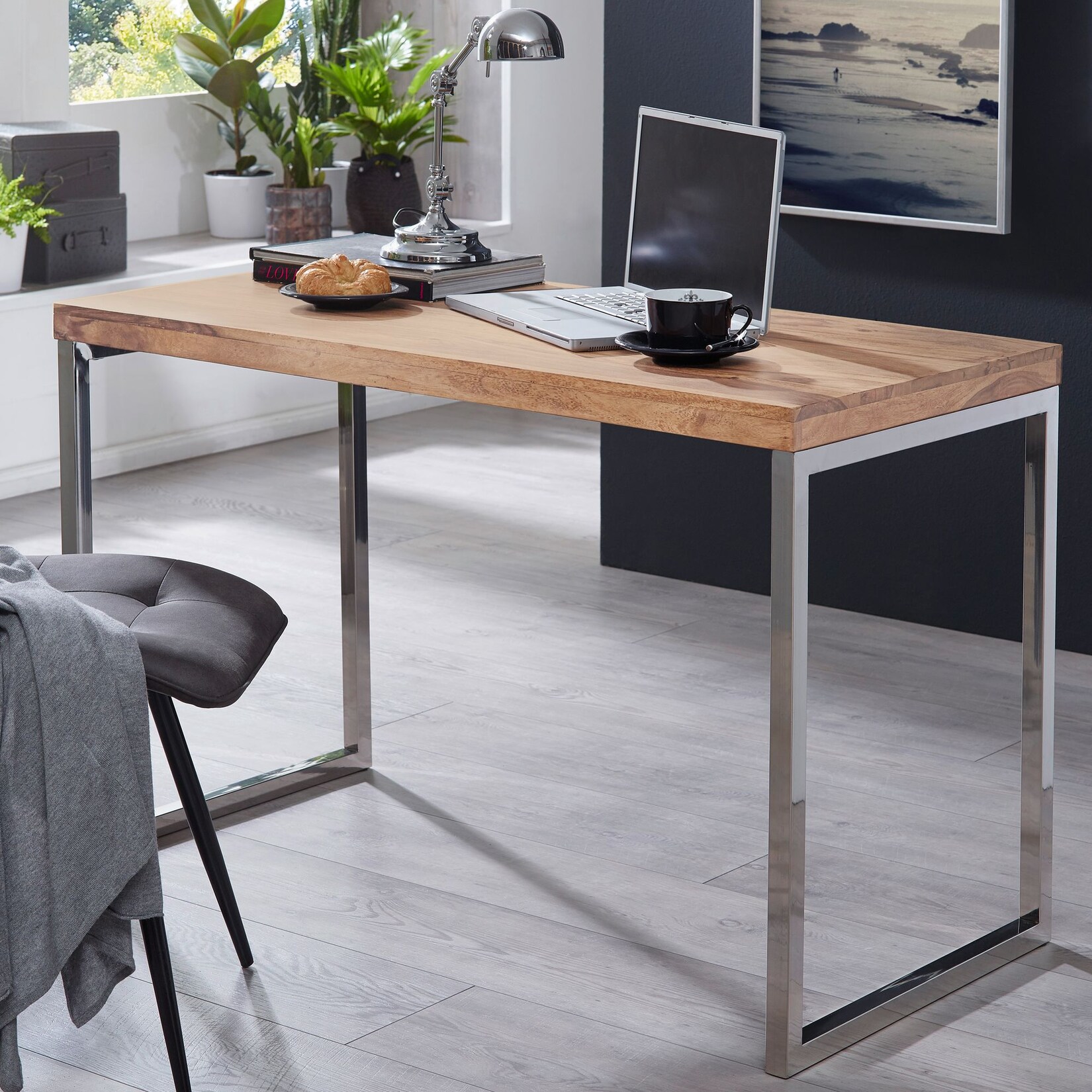 Schreibtisch Massivholz Metallbeine Landhausstil GUNA, Akazie 60x120x76 cm