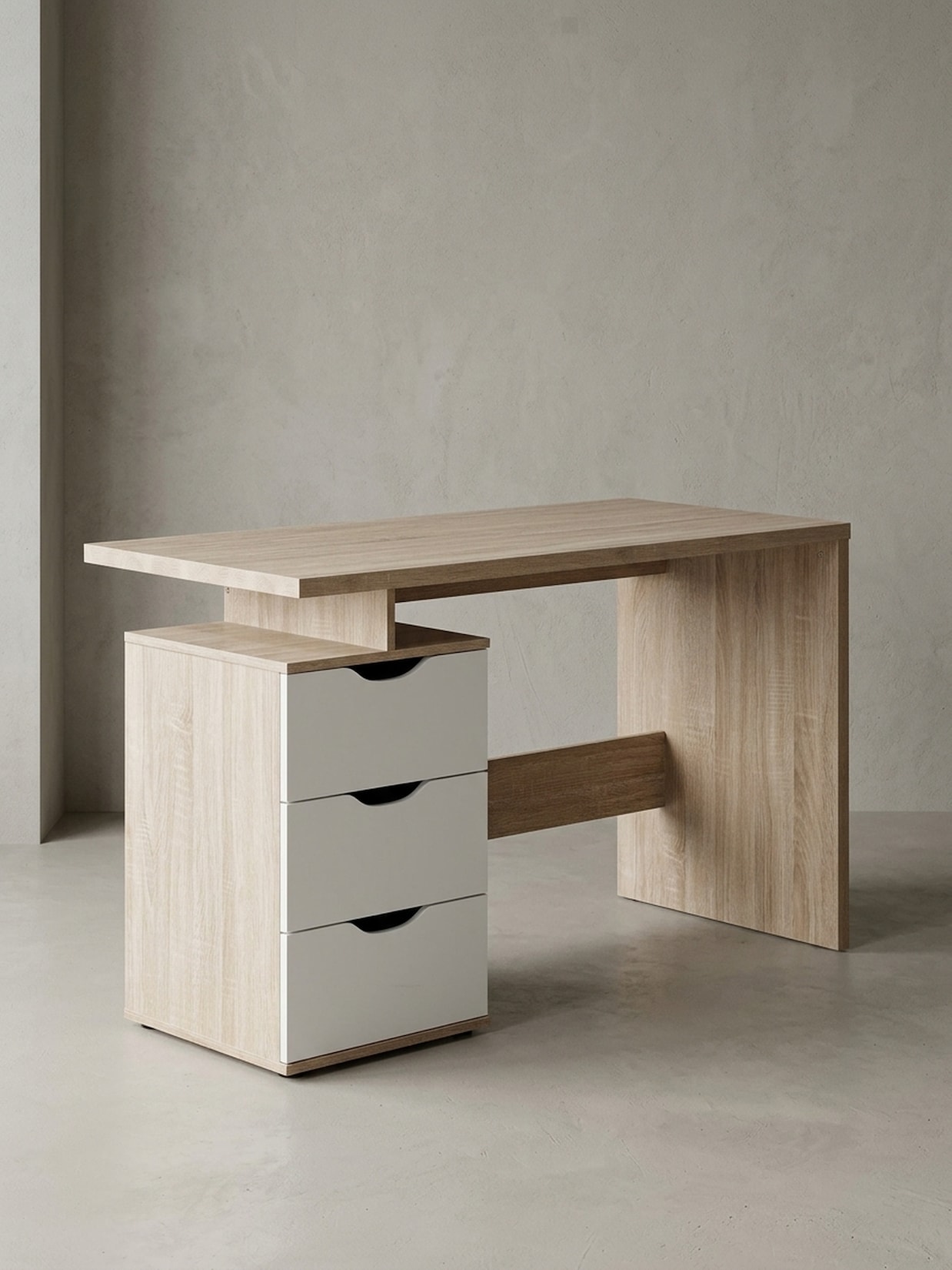 Schreibtisch – Sonoma Weiß, 120x76x53 cm, 3 Schubladen, kompakt, mit Ablage