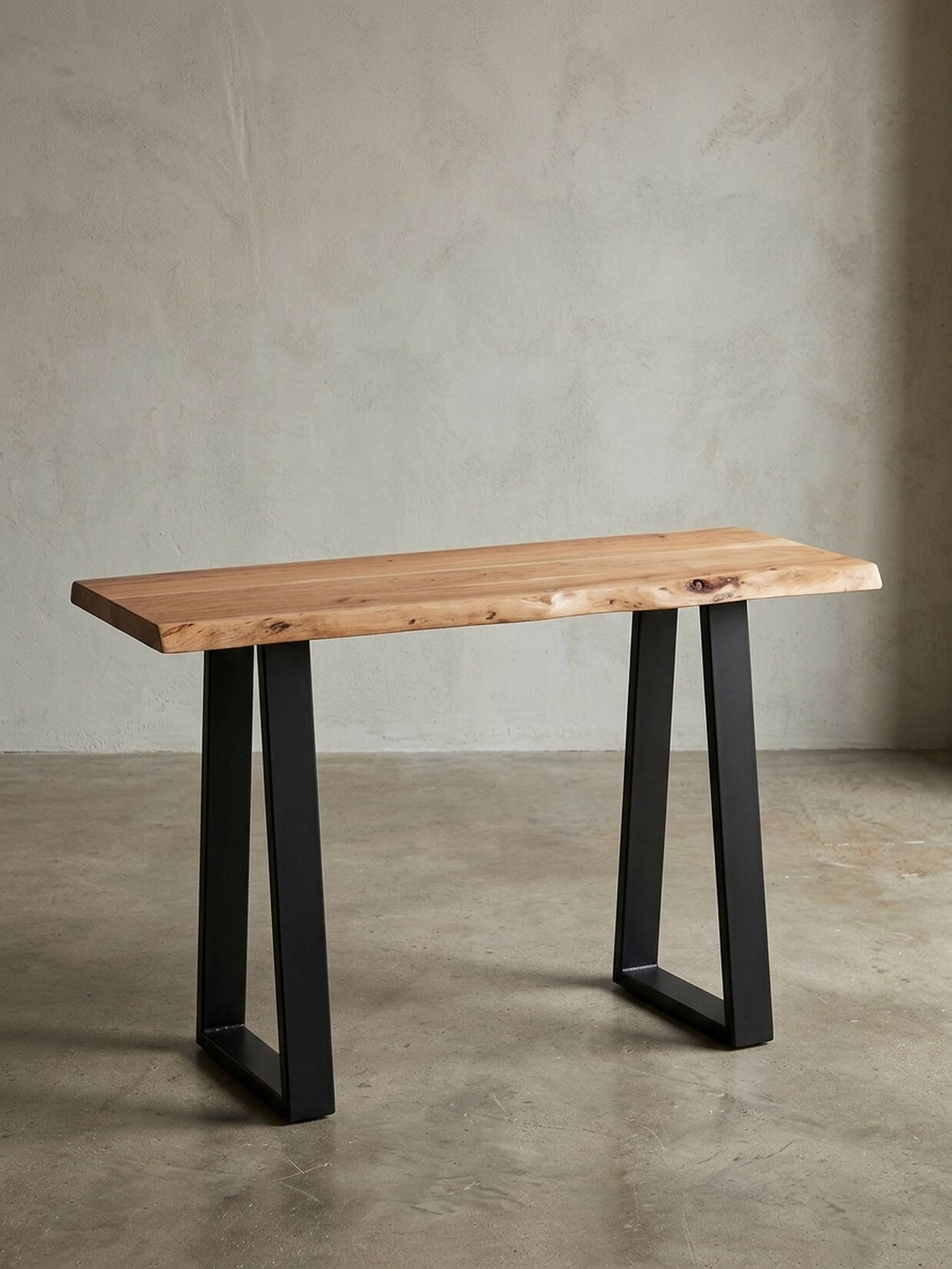 Konsolentisch – Akazie Massivholz, 120 cm breit, 2 Metallbeine, mit Baumkante, Landhausstil