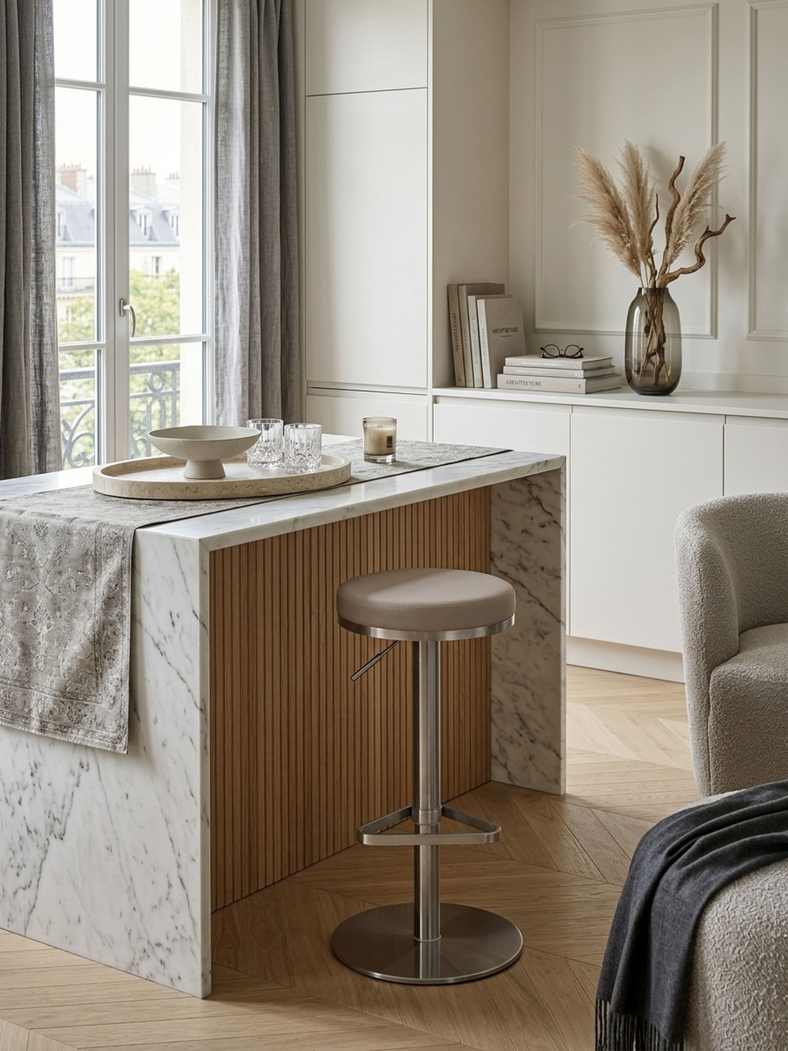 Barhocker Edelstahl H&ouml;henverstellbar Drehbar Standfu&szlig; Gepolstert, Beige 38x38x82 cm - Bild 1