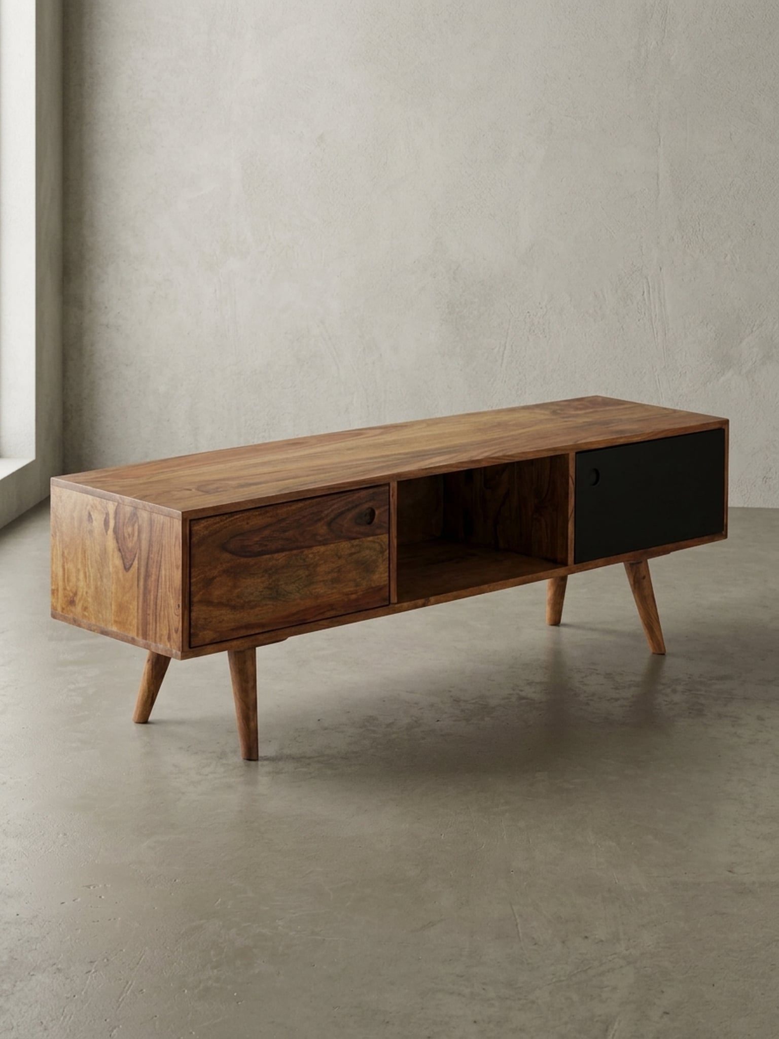 TV-Lowboard Massivholz, 2 T&uuml;ren und Fach, Vintage-Stil, Schwarz 140x35x45 cm - Bild 1