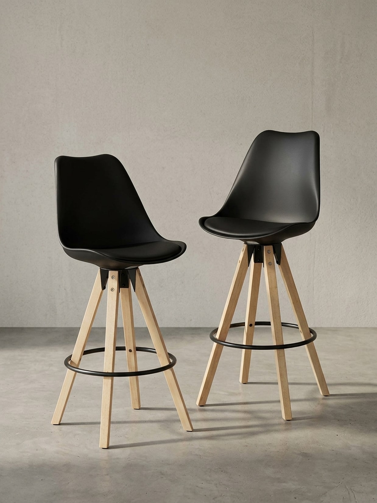 Barhocker Set – 2 Stück, LIMA, Schwarz, Kunstleder und Holz, mit Lehne, Sitzhöhe 77 cm, Retro