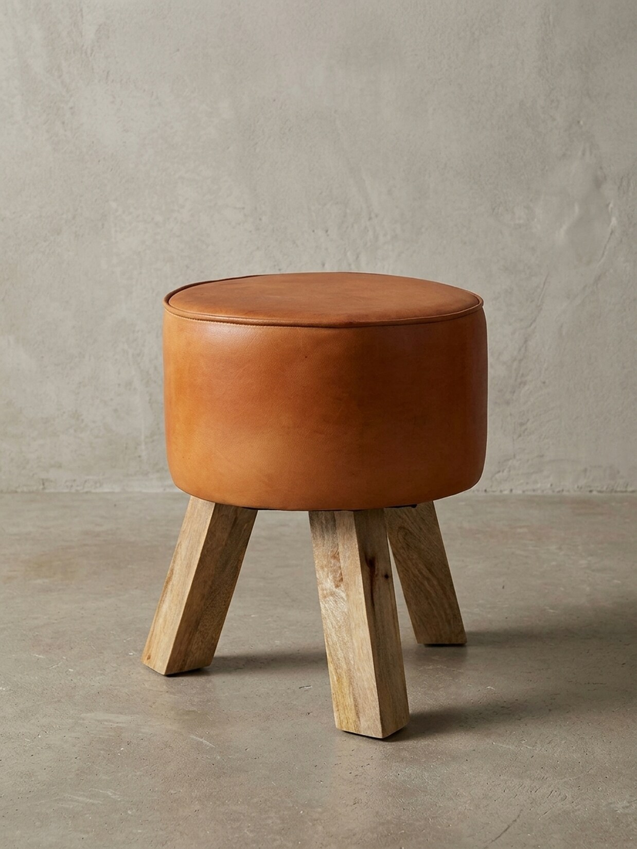 Sitzhocker – Holz/Echtleder, 37x45x37 cm, modern, rund
