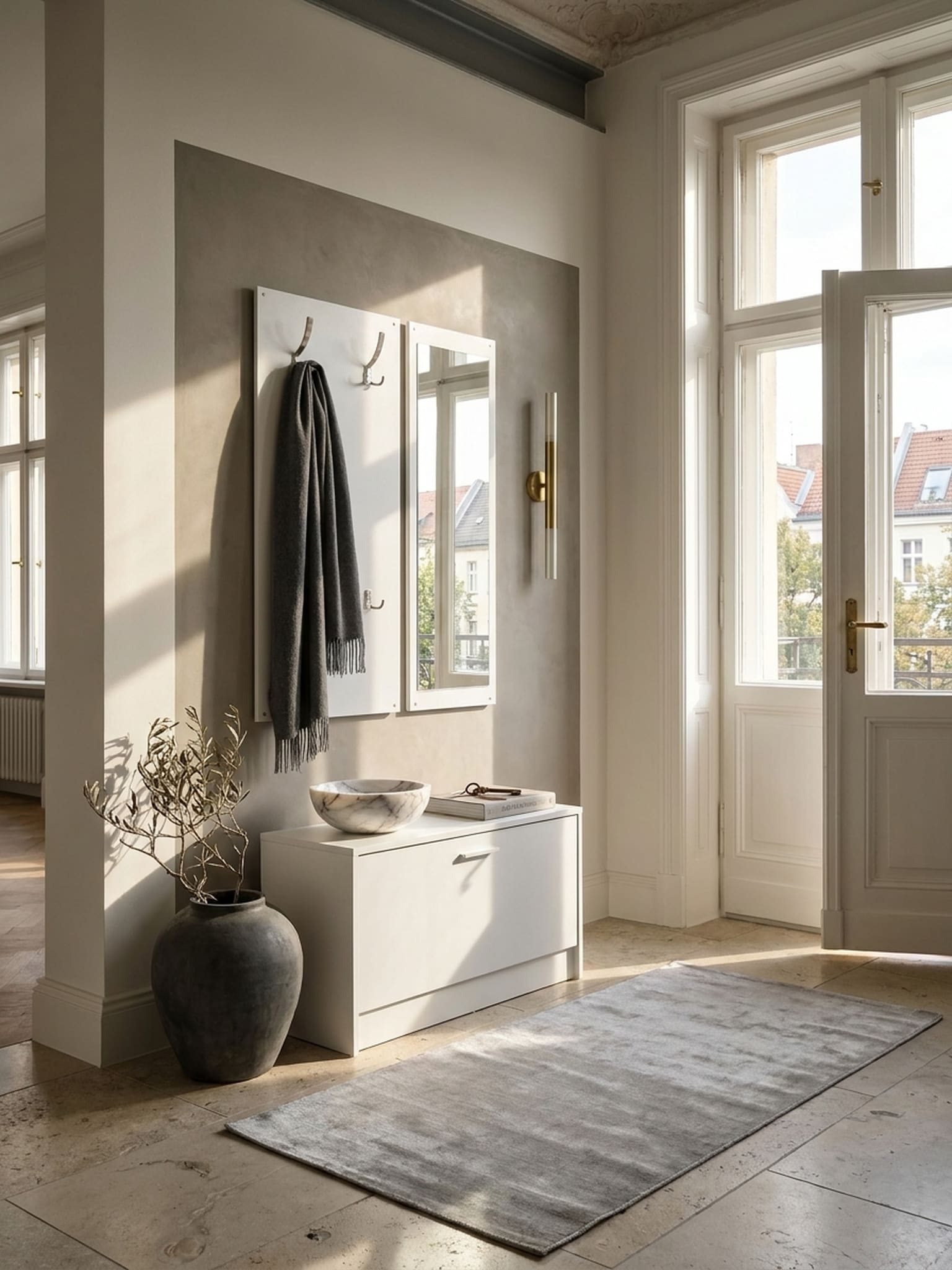 Wandgarderobe mit Spiegel und Schuhschrank SALERNO, Wei&szlig; 80x27x180 cm - Bild 1