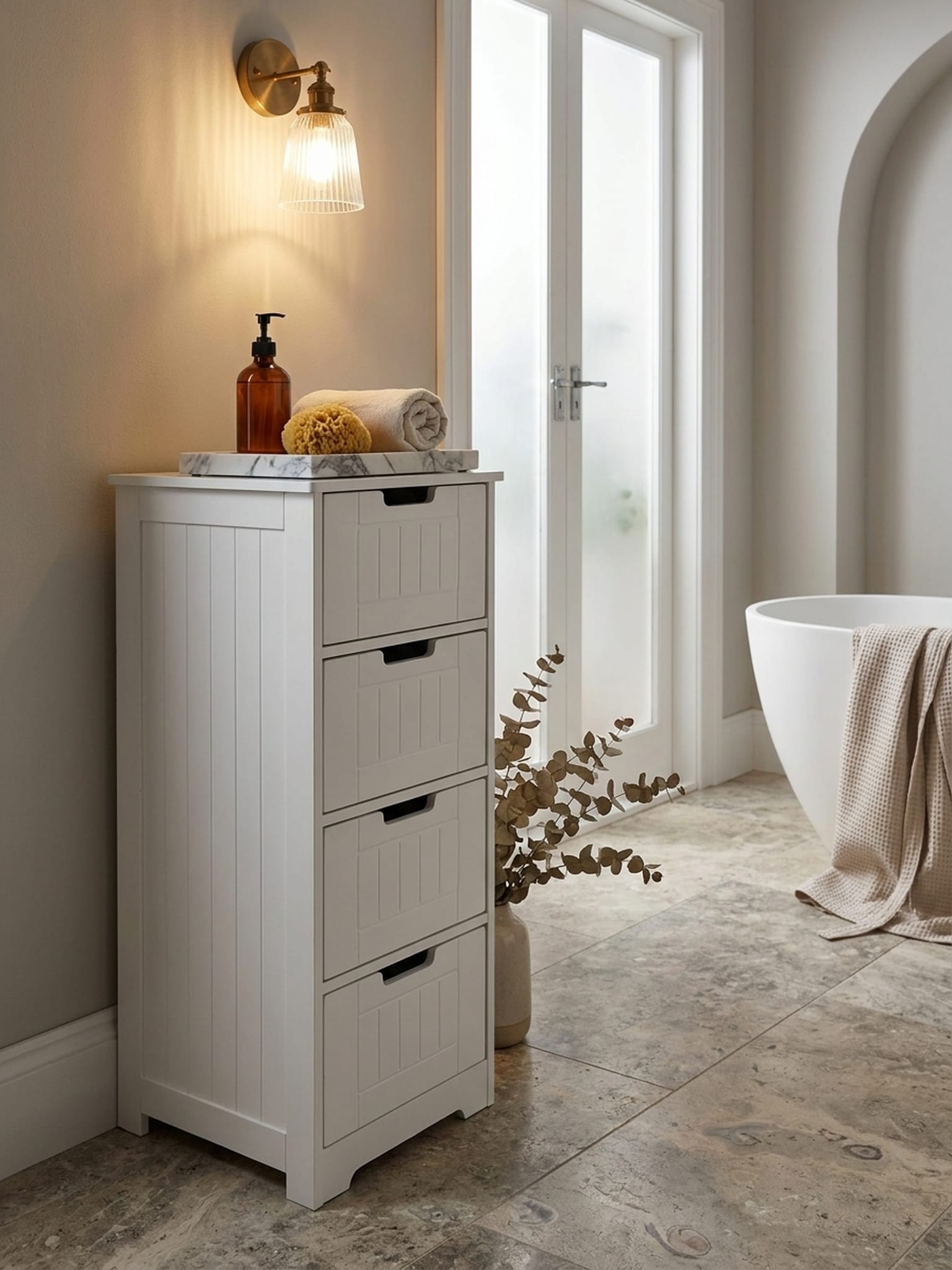 Badschrank Wei&szlig; 30x83x30&nbsp;cm im Landhausstil aus MDF mit 4 Schubladen PATTI - Bild 1