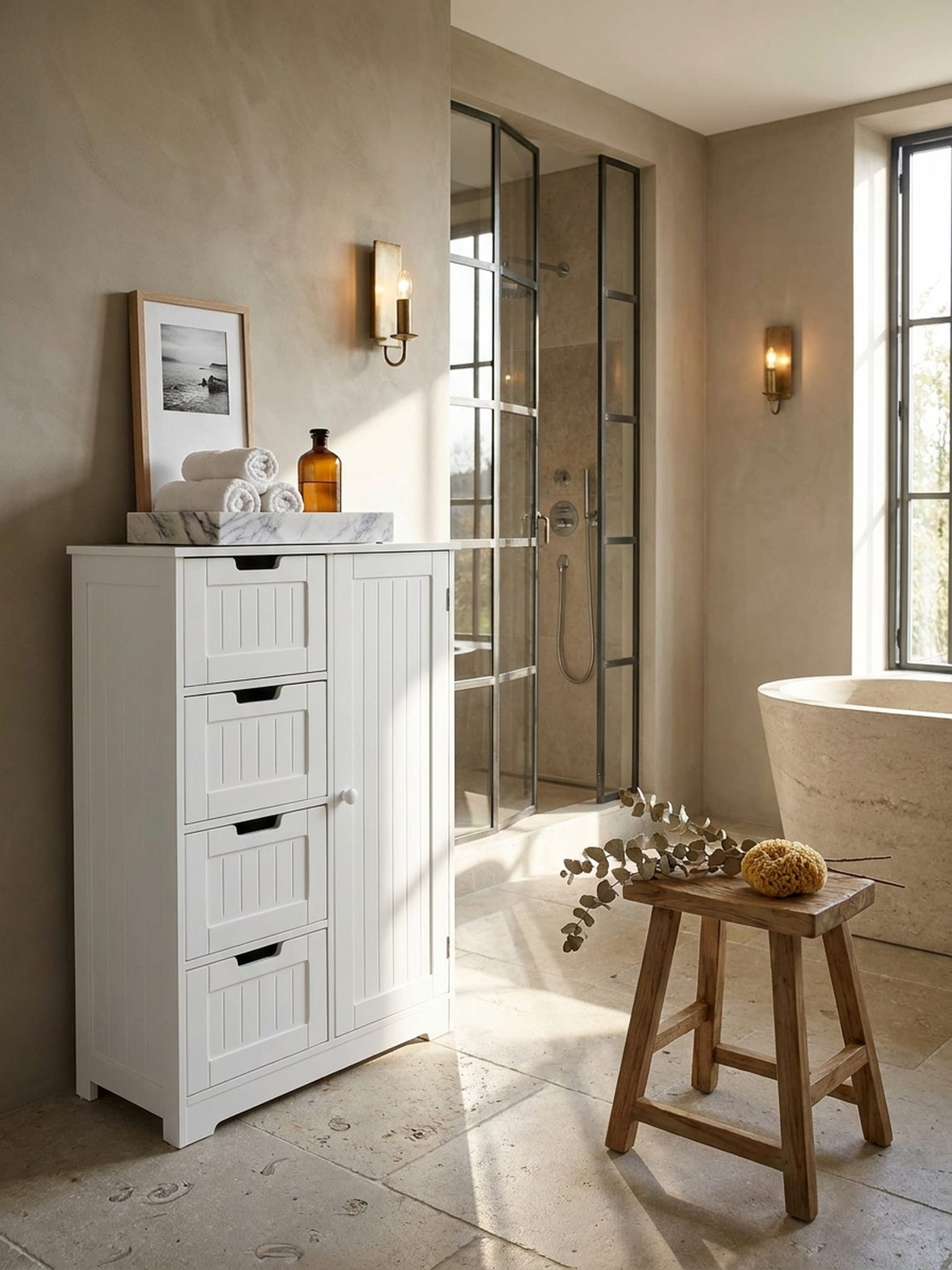 Badschrank Wei&szlig; 56 x 83 x 30&nbsp;cm im Landhausstil aus MDF mit 4 Schubladen und 1 T&uuml;r PATTI - Bild 1