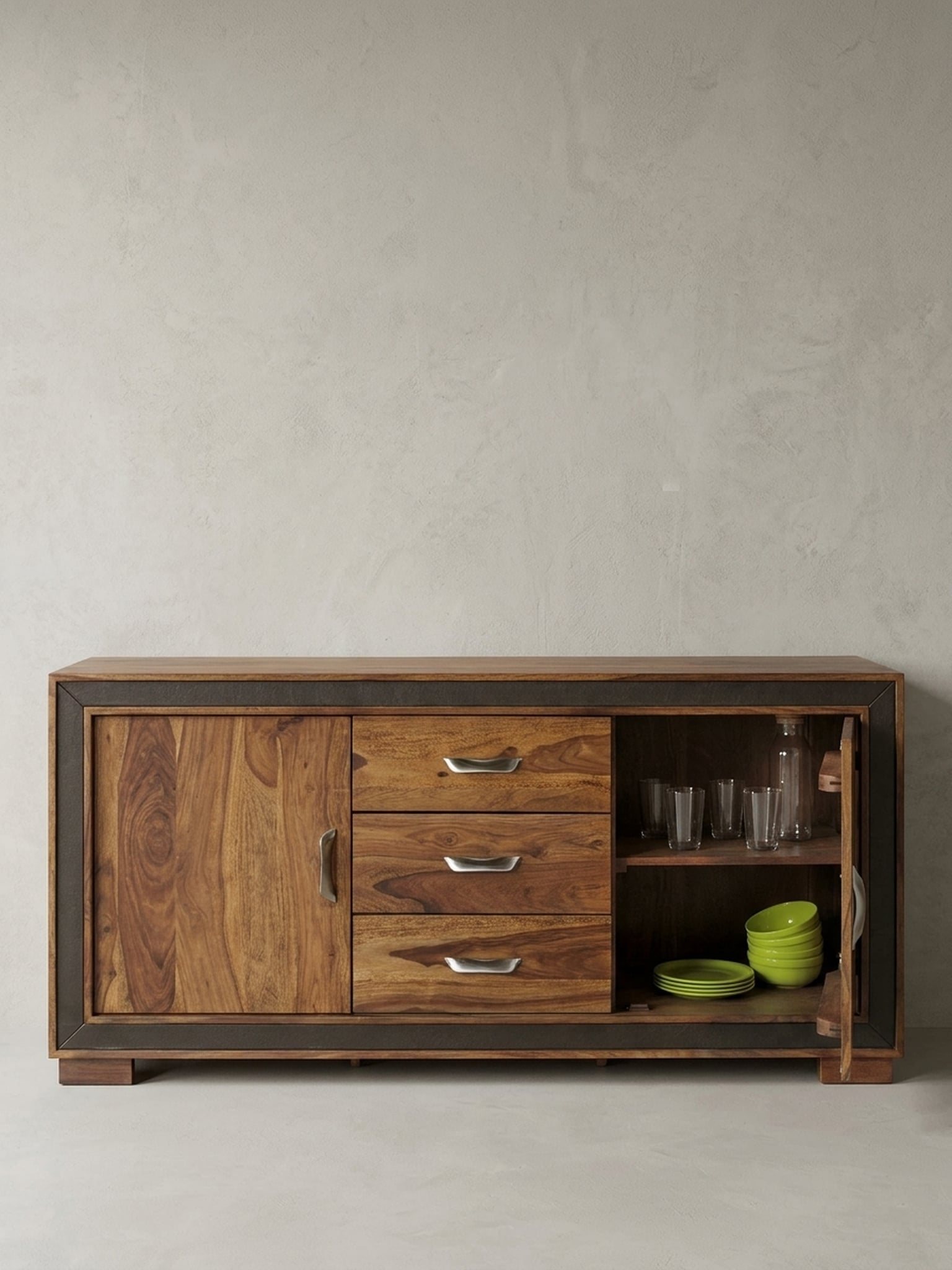 Sideboard &ndash; Massivholz mit Kunstleder, 160x44x80&nbsp;cm, rustikal, mit T&uuml;ren und Schubladen - Bild 1