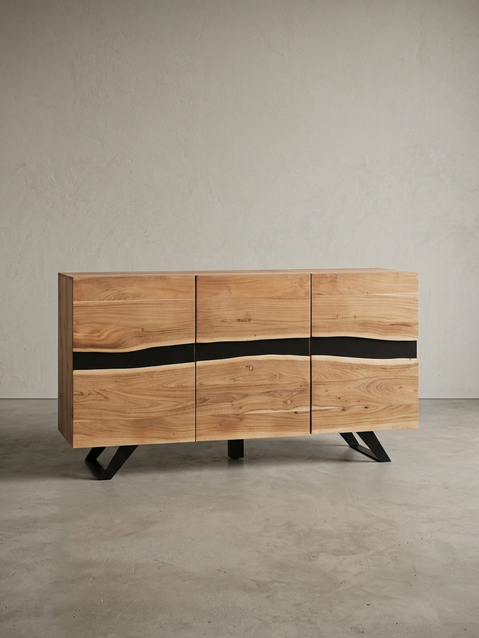 Sideboard &ndash; Akazie Massivholz, 148x85x43&nbsp;cm, mit Baumkante, 3 T&uuml;ren, Landhausstil - Bild 1