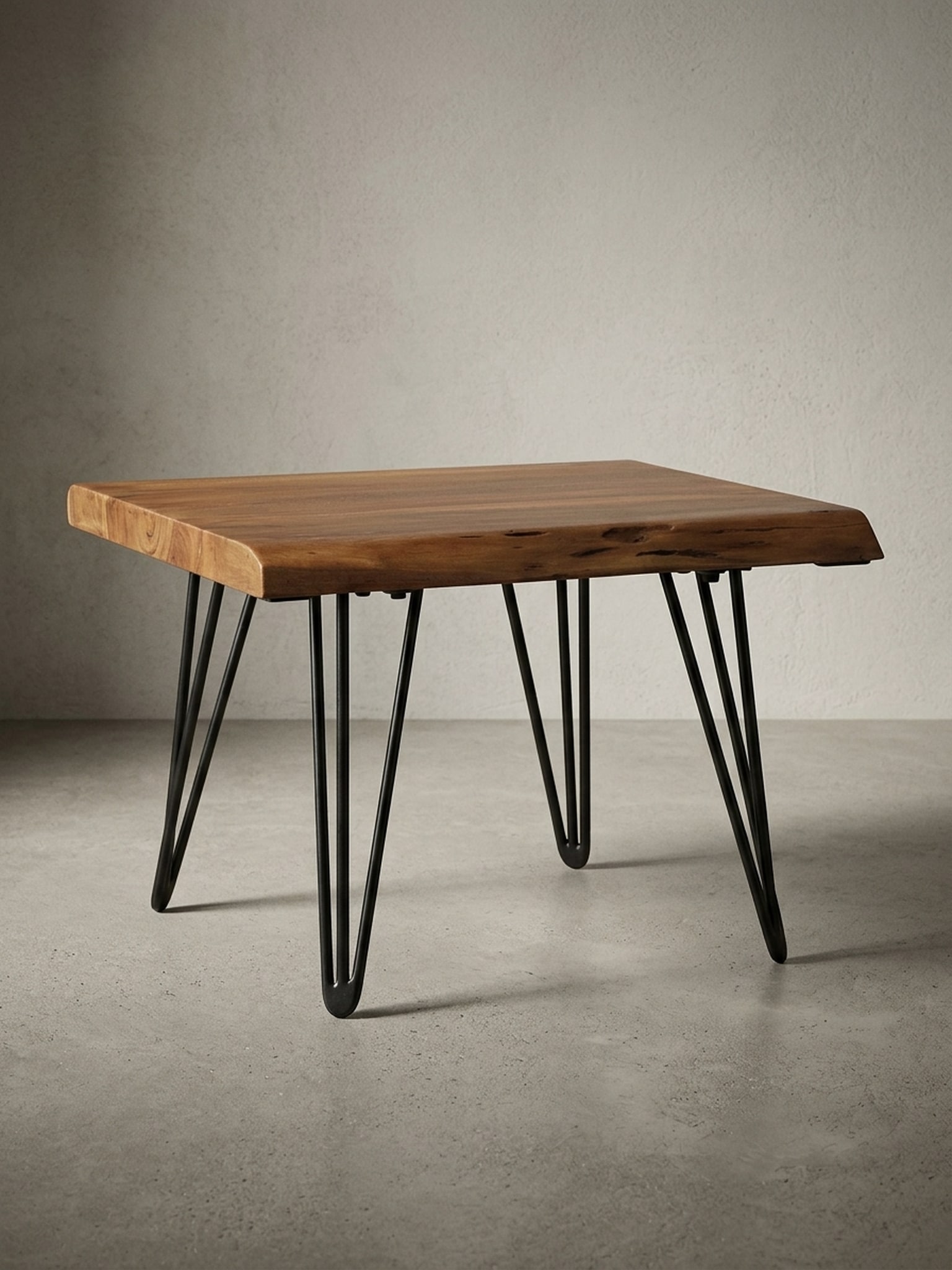 Couchtisch in Braun aus Massivholz mit Baumkante und Metallbeinen, 56x38x51cm - Bild 1