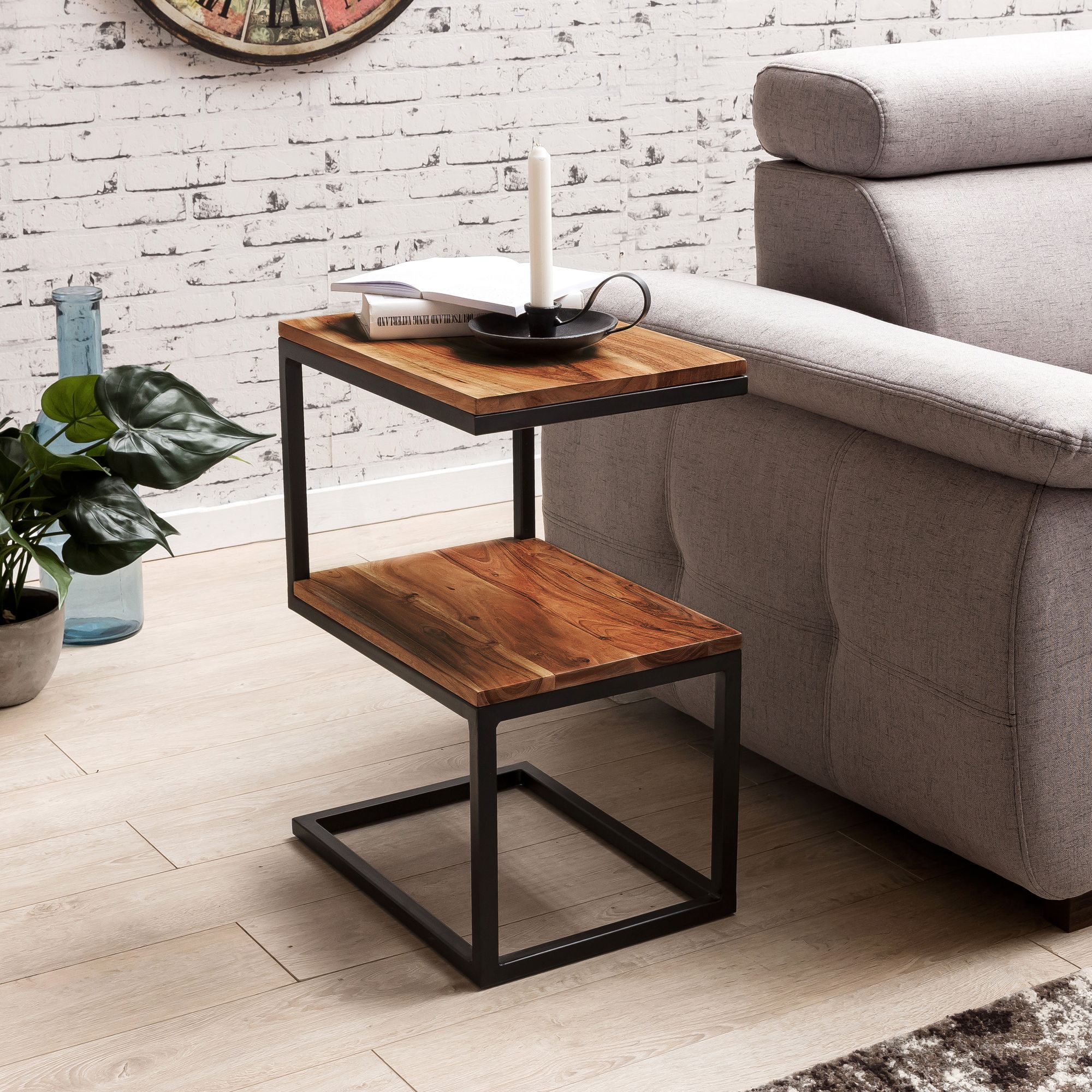 Beistelltisch Massivholz Metall S-Form Landhausstil AKOLA, Dunkelbraun 30x45x60 cm - Bild 1