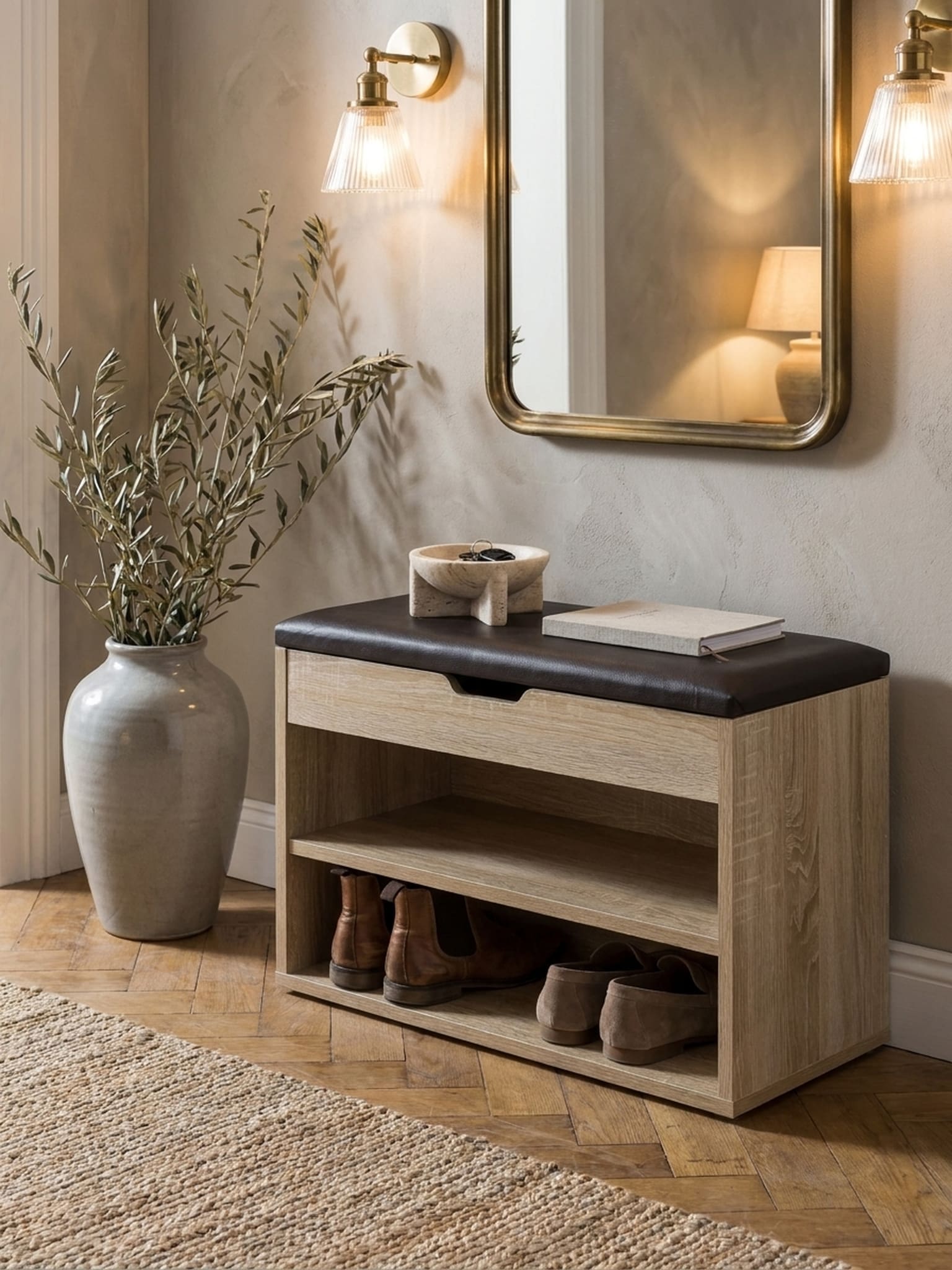 Schuhbank Holz gepolstert mit Stauraum schmal, Sonoma 60x30x40 cm - Bild 1