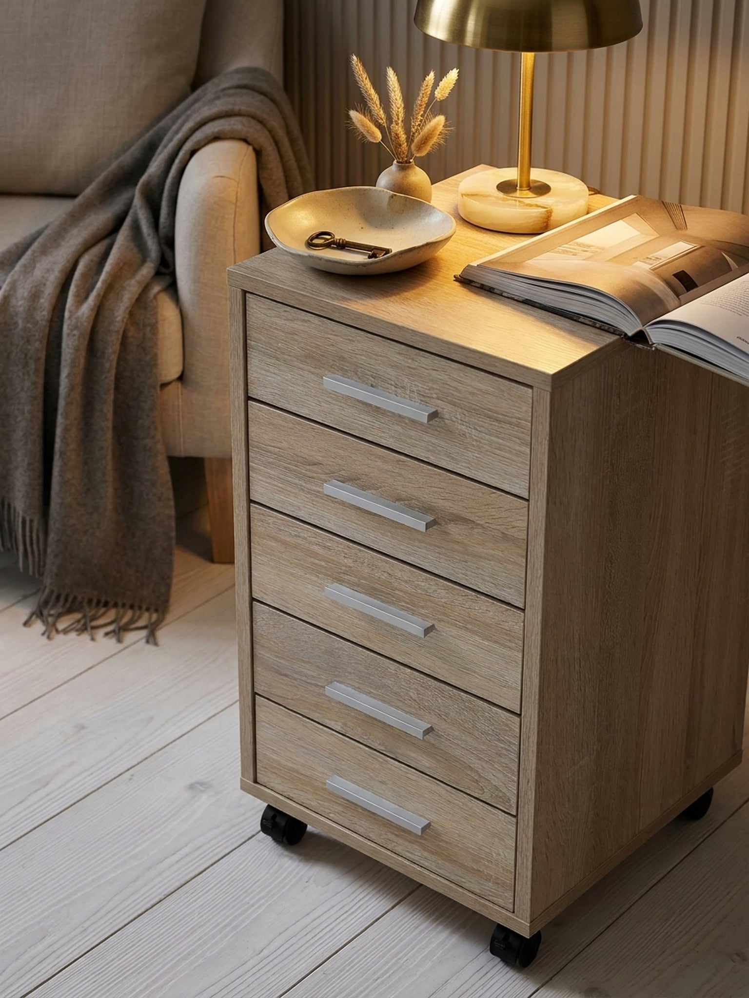 Rollcontainer Holz 5 Schubladen Schmal Mit Rollen, Sonoma 33x38x63 cm - Bild 1