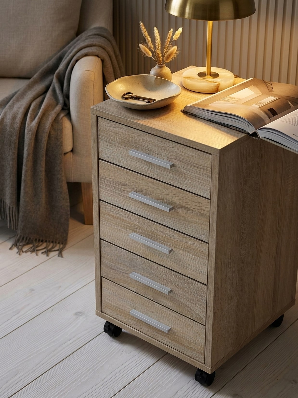Rollcontainer Holz 5 Schubladen Schmal Mit Rollen, Sonoma 33x38x63 cm