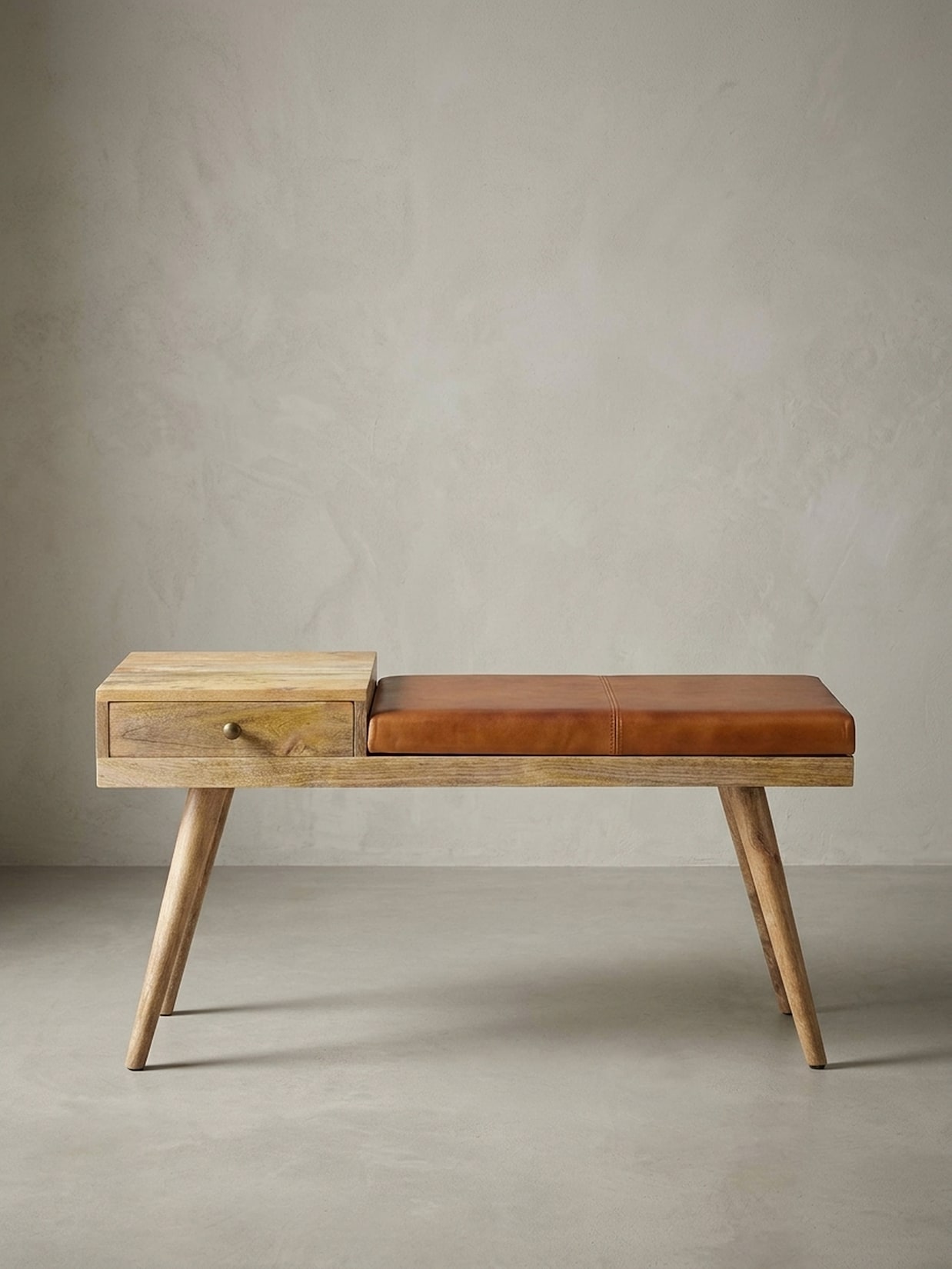 Sitzbank – Ziegenleder/Massivholz, 100x52x38 cm, Braun, mit Stauraum