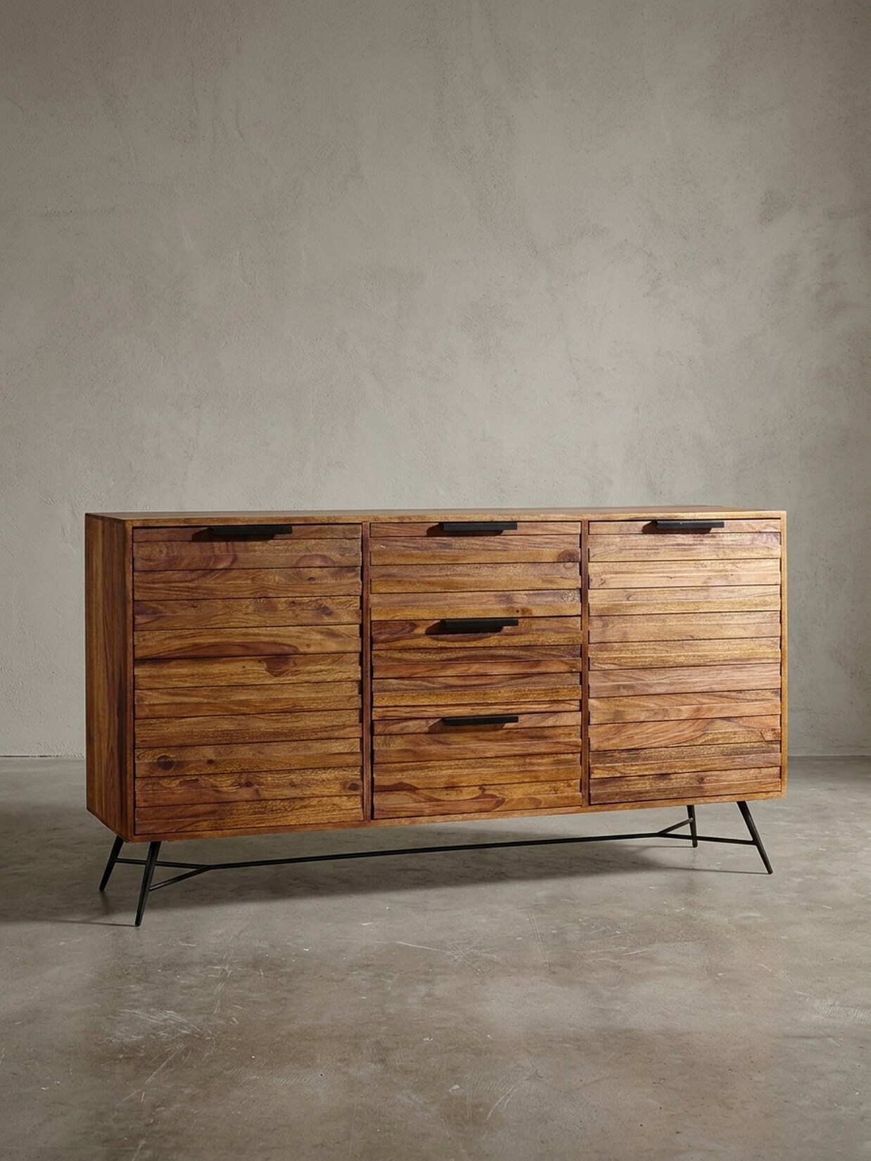 Sideboard – Mango Massivholz/Metall, 160x40x88 cm, mit Türen, Schubladen