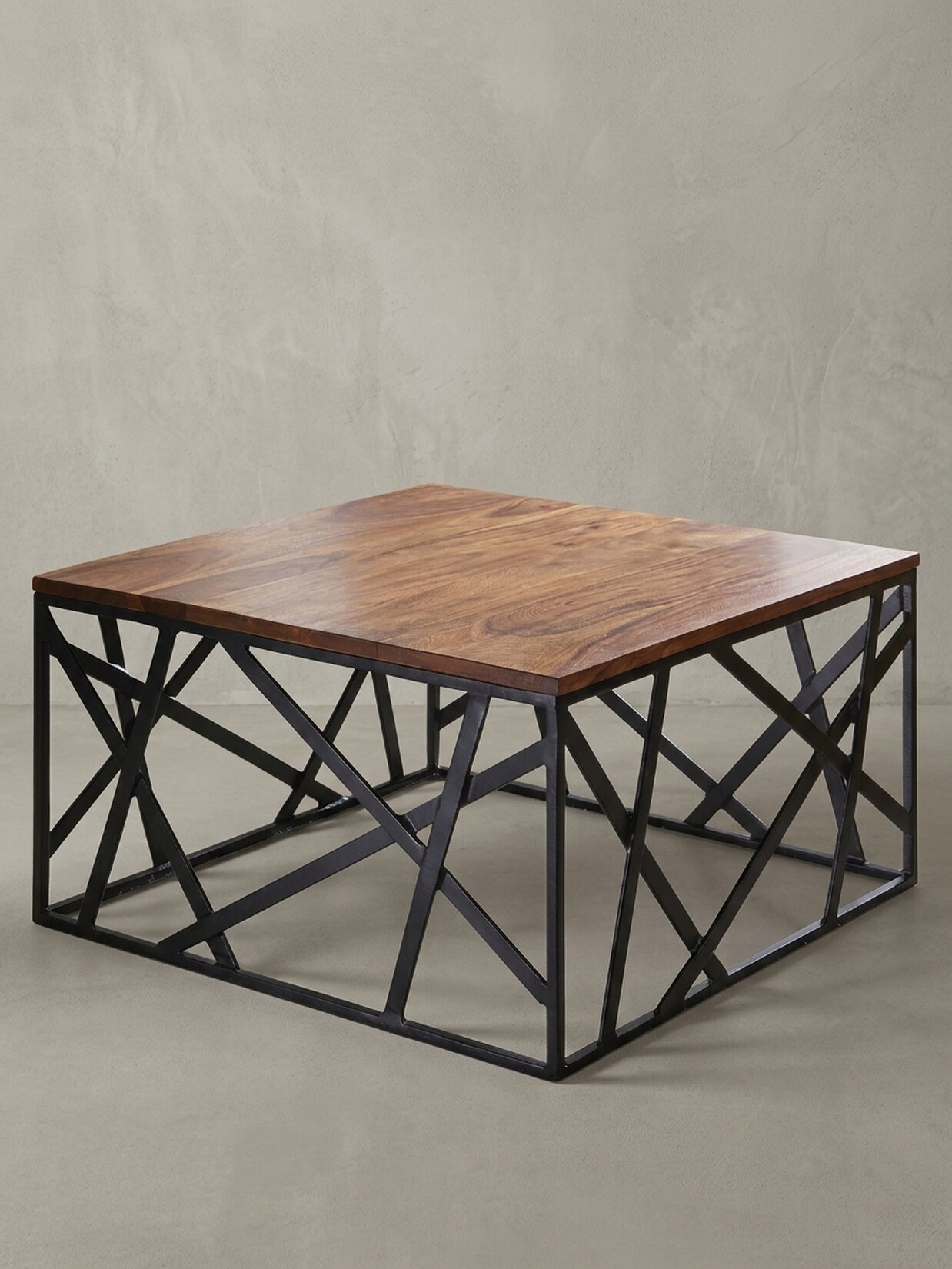 Couchtisch Quadratisch in Braun-Schwarz, Massivholz-Metall, 60x35x60 cm, Industrial Style