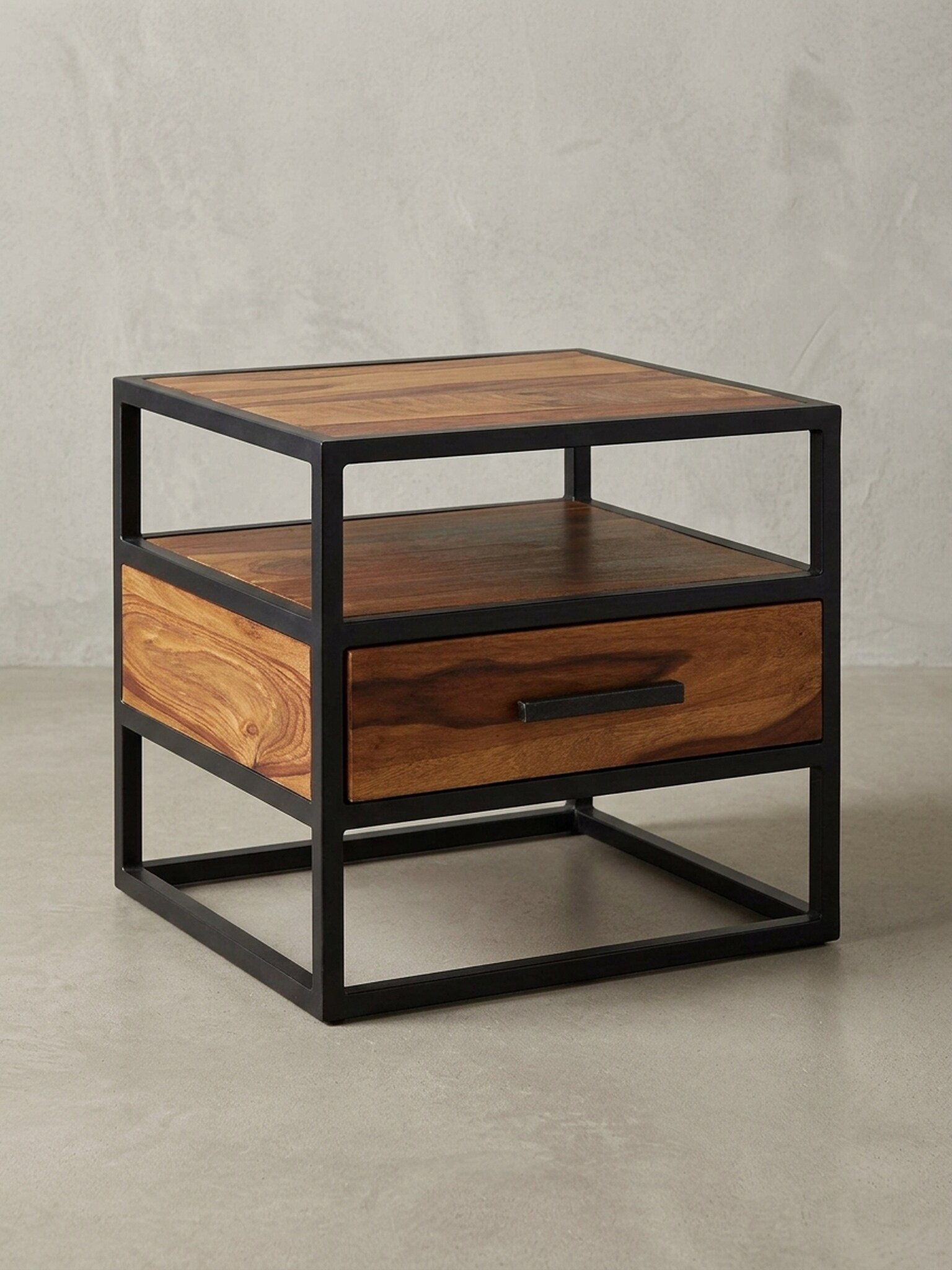 Nachttisch &ndash; Massivholz/Metall, 50x45x45&nbsp;cm, Schublade, Industrial-Stil - Bild 1