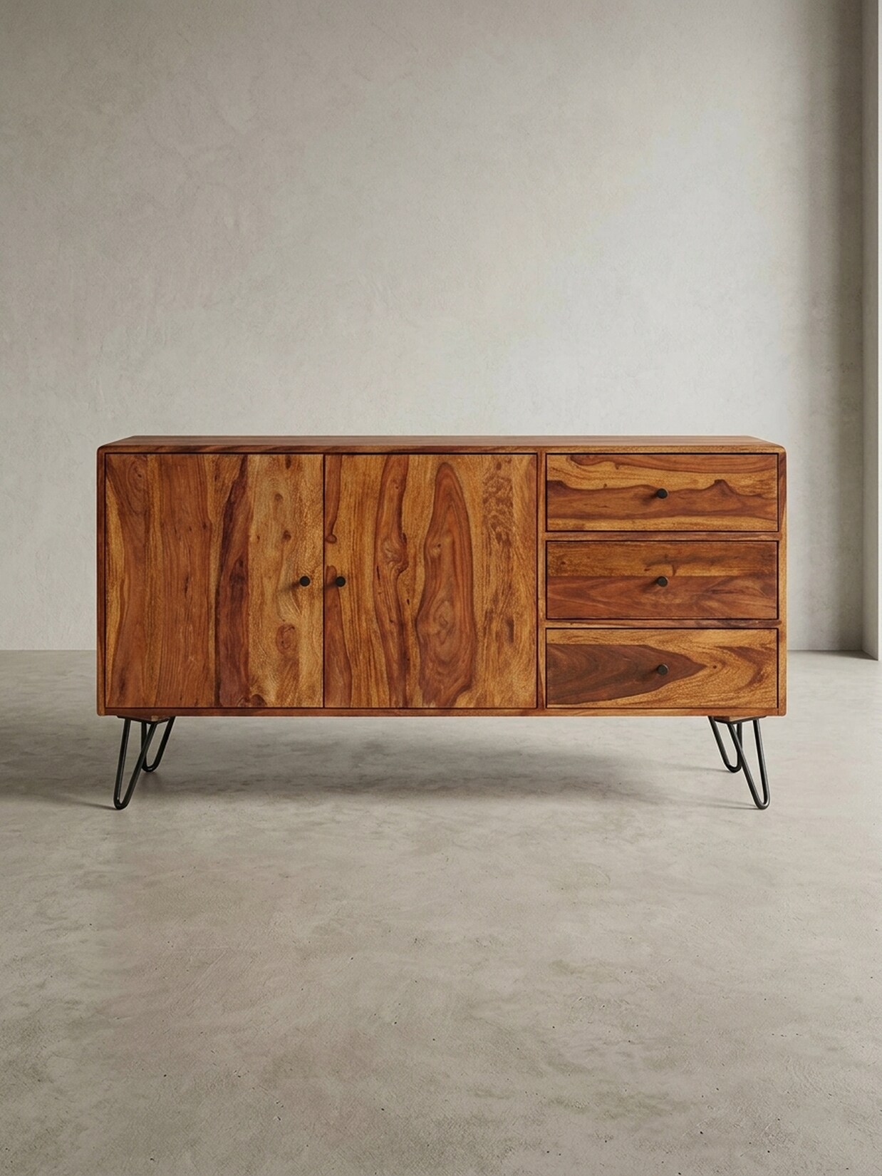 Sideboard – Massivholz, 145x75x40 cm, Landhausstil, 3 Schubladen, 2 Türen