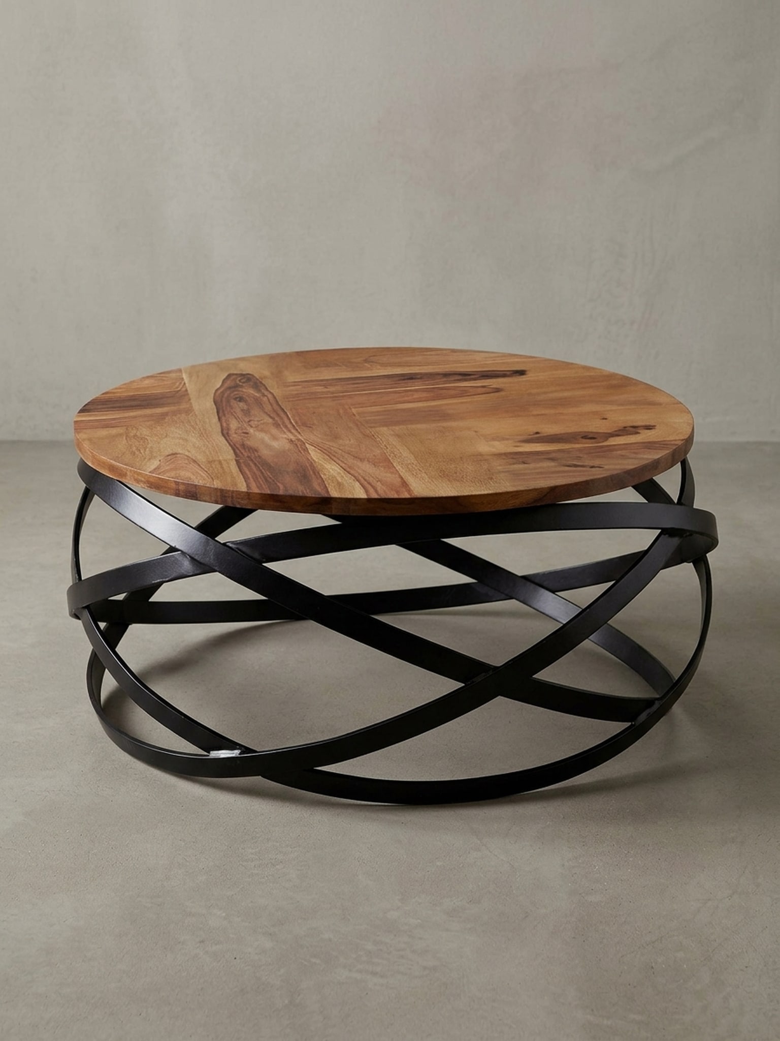 Couchtisch rund aus Massivholz und Metall in Braun, 60x30x60 cm, Industrial Design - Bild 1