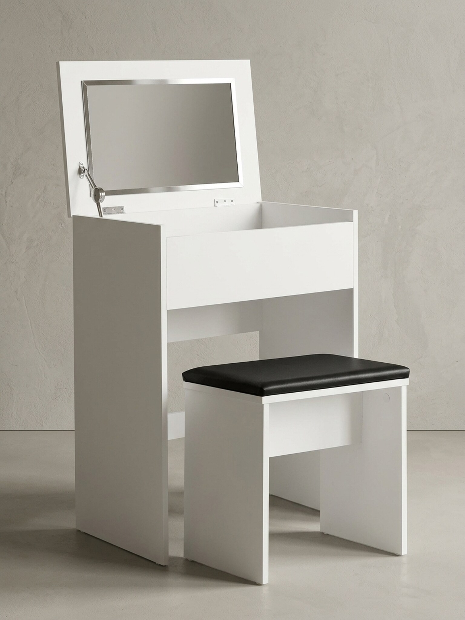 Schminktisch &ndash; Wei&szlig;, 60x81x40 cm, mit Klappspiegel, Hocker & Fach, Holz-Optik, modern - Bild 1