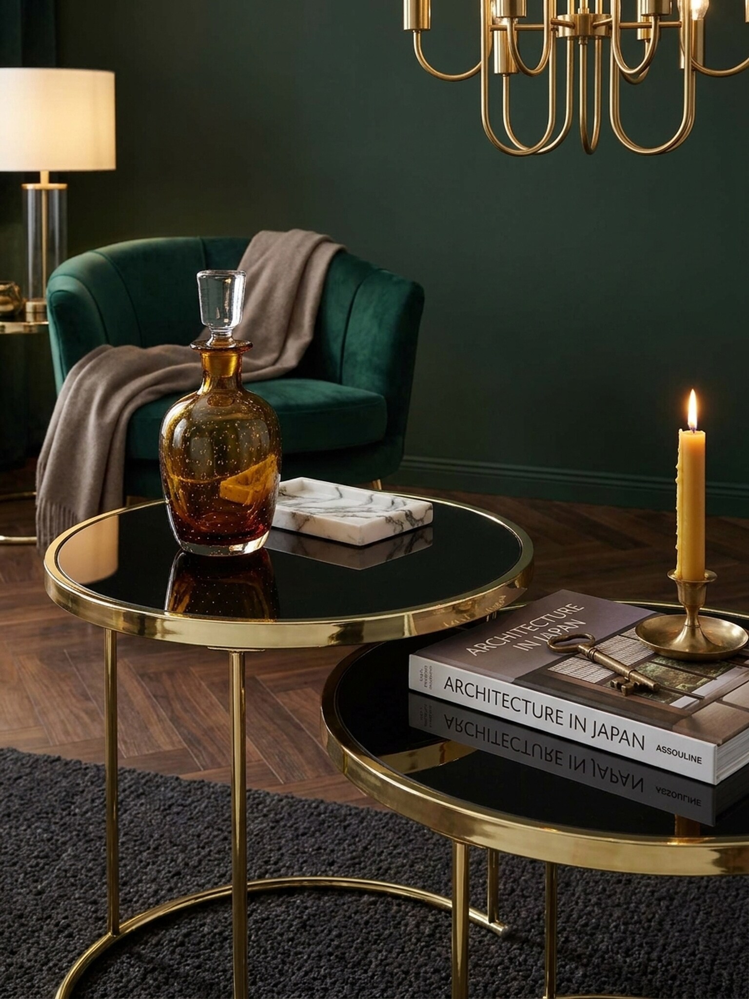 Beistelltisch Set &ndash; Metall schwarz-gold, Glas, rund, 2-teilig - Bild 1