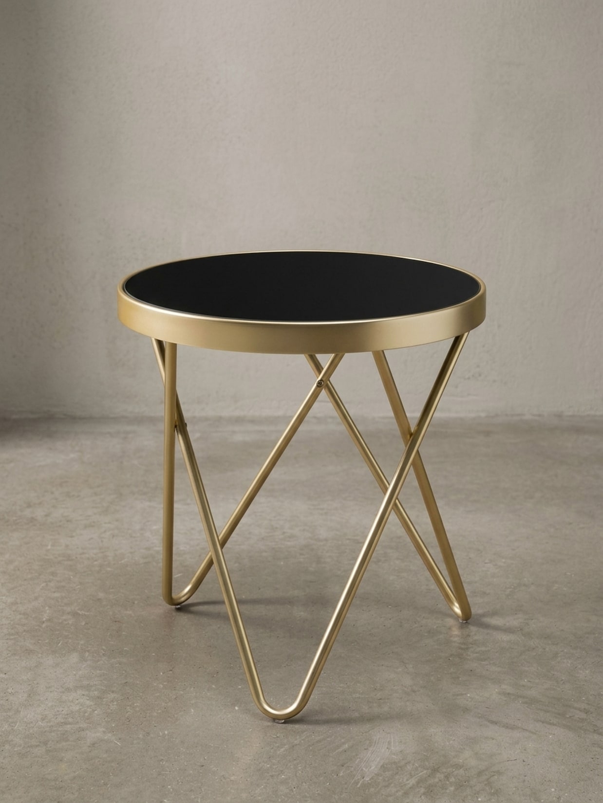 Beistelltisch – Rund Schwarz Mattgold Glas Metallgestell 42x46x42 cm