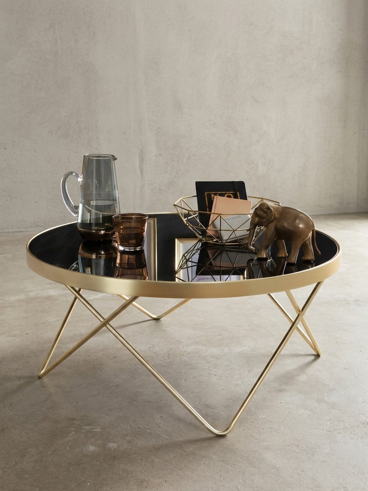 Couchtisch Schwarz Mattgold Glas/Metall Ø82cm Modern