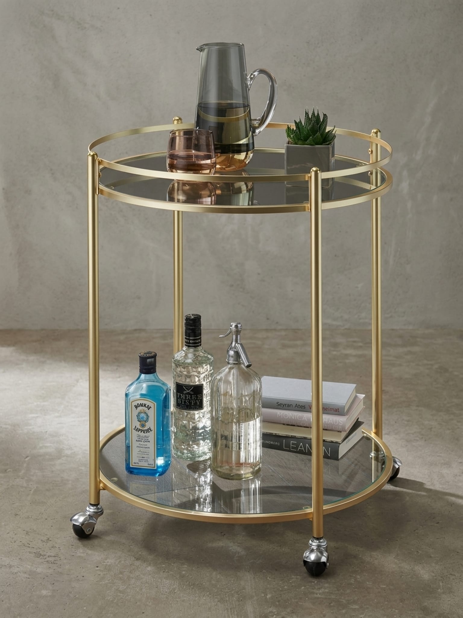 Servierwagen &ndash; Gold, &Oslash; 57 cm, Glasplatten, auf Rollen, 75 cm hoch - Bild 1