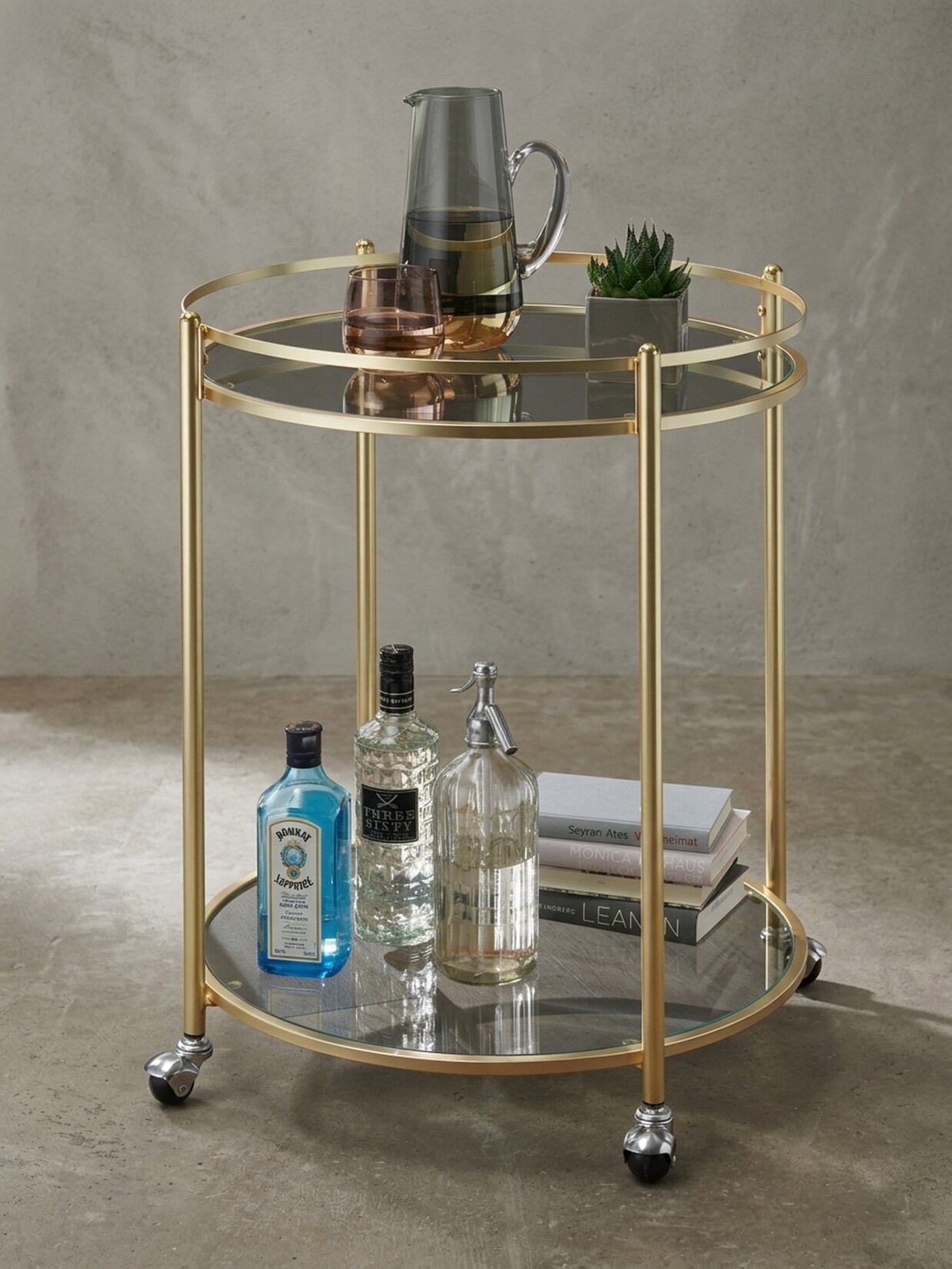 Servierwagen – Gold, Ø 57 cm, Glasplatten, auf Rollen, 75 cm hoch