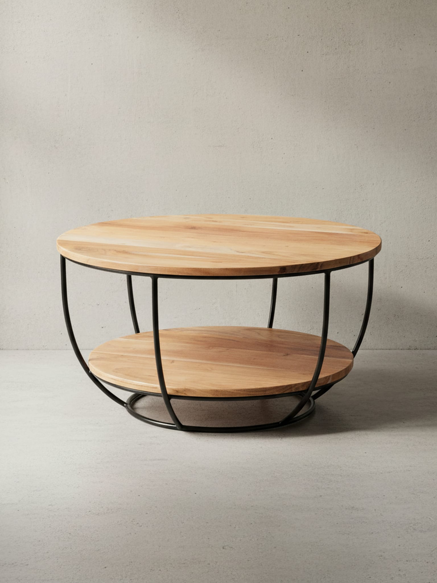 Couchtisch rund aus Akazie Massivholz und Metall, mit Ablage, Industrial-Stil, Braun - Bild 1