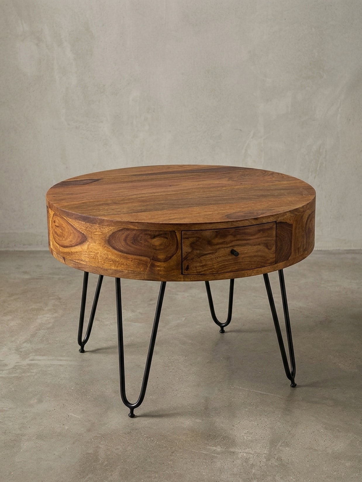 Couchtisch rund Braun, Massivholz mit Metallgestell, 60x44.5x60 cm, inklusive Schubladen