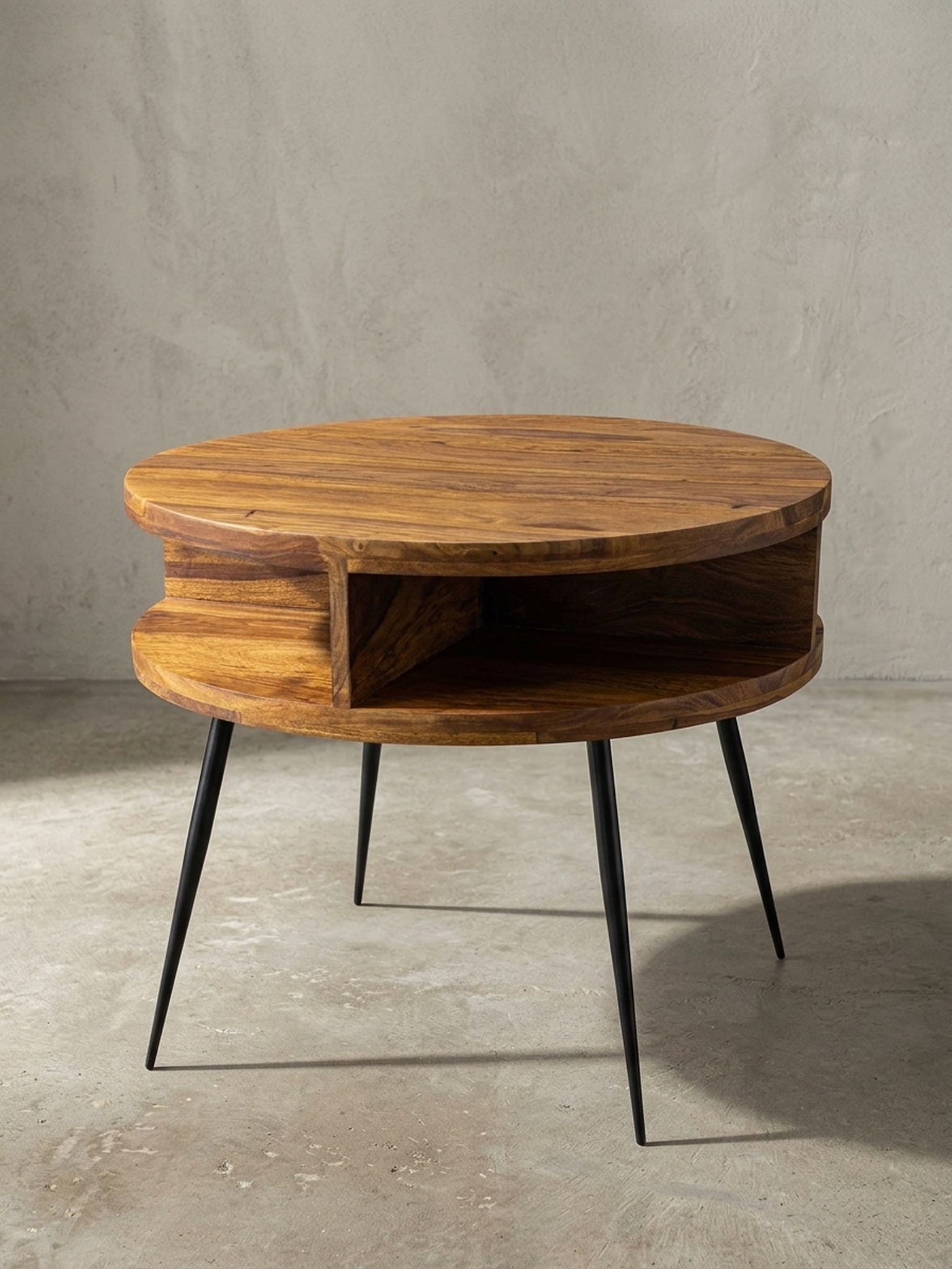 Couchtisch Sheesham Massivholz Metall, Ablagefunktion, 60x45x60 cm, Braun Rund - Bild 1