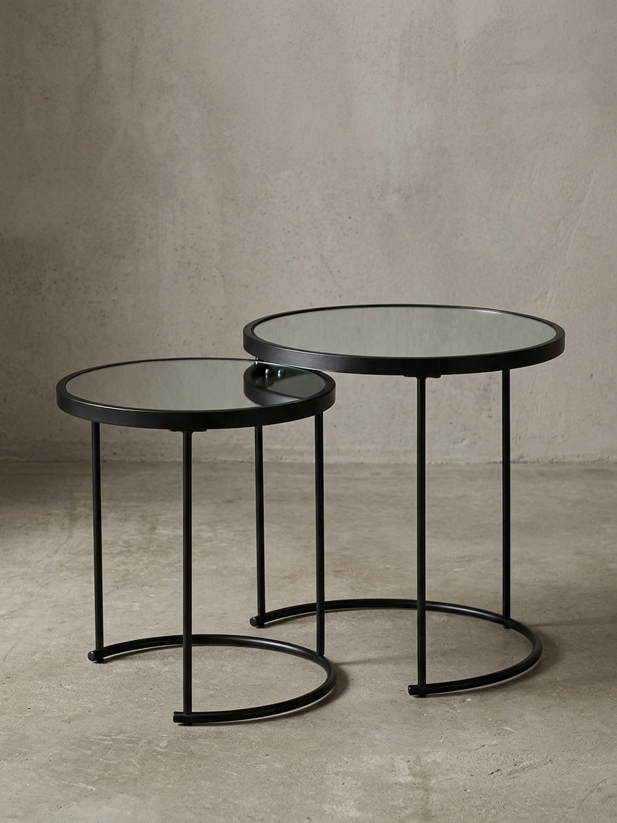 Beistelltisch Set – rund, Spiegelglas schwarz, 2-teilig, Ø50x42 cm