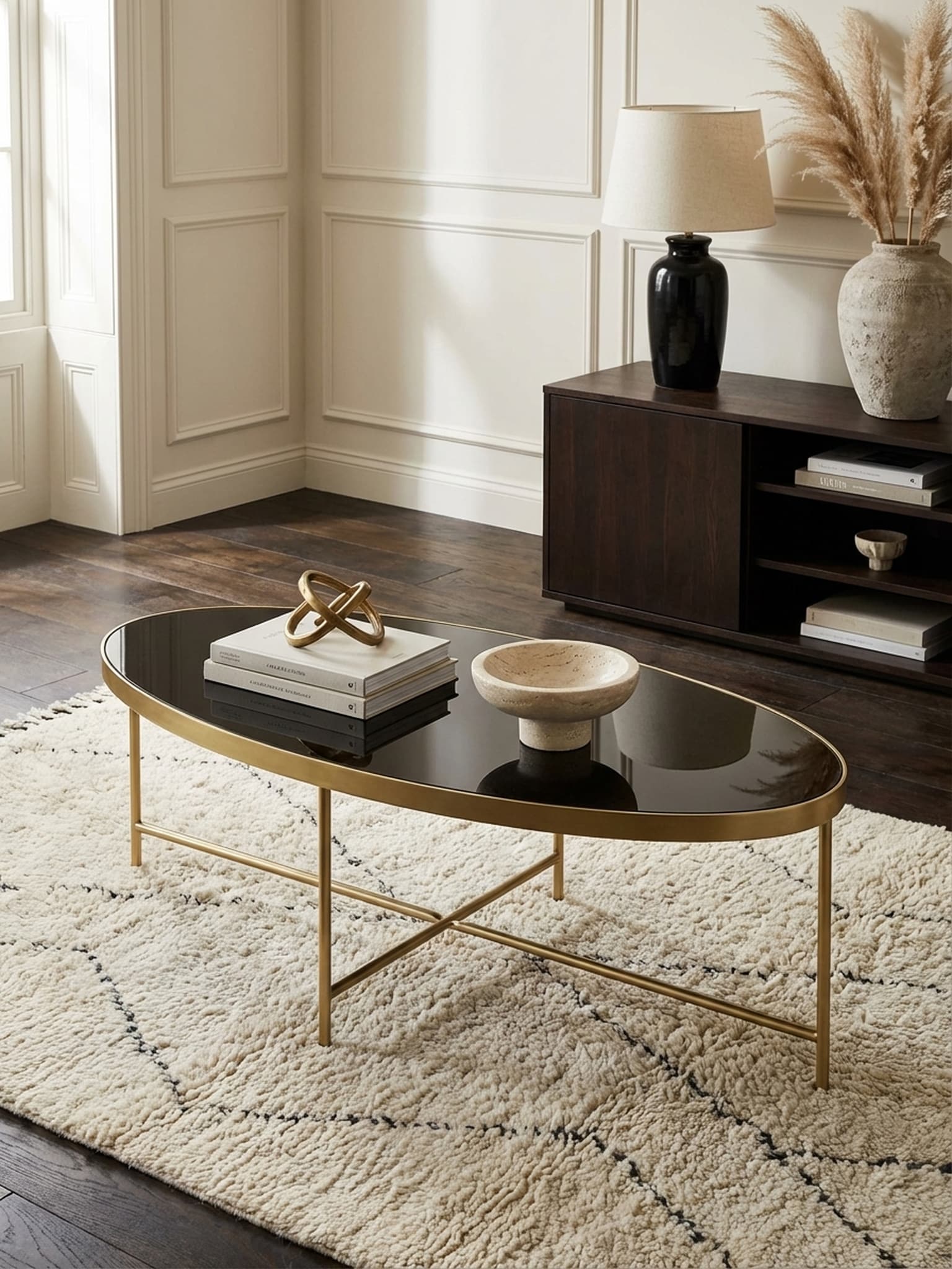 Couchtisch Schwarz aus Glas, Oval, mit Goldfarbenem Metallgestell, 110x56 cm - Bild 1