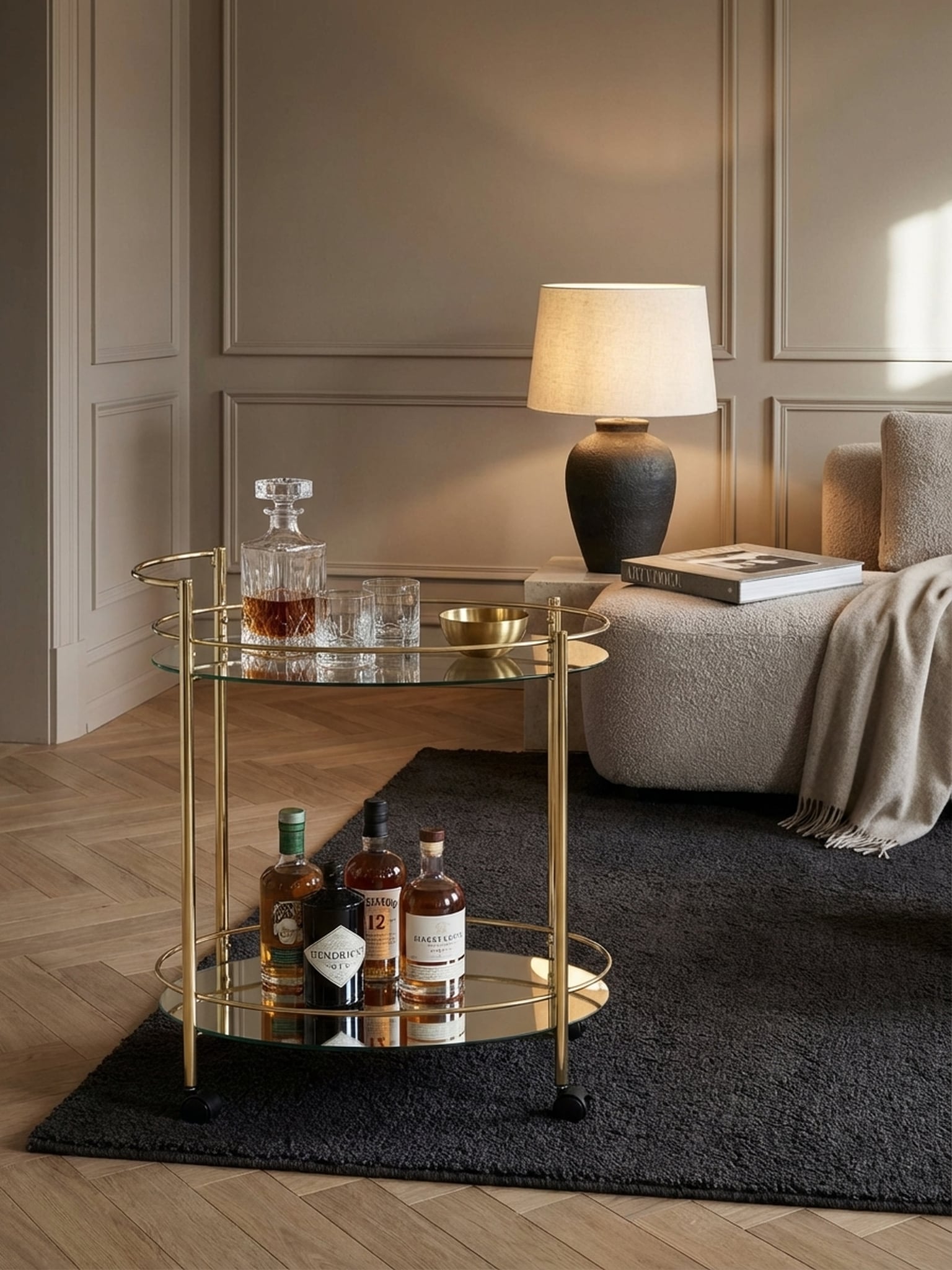 Servierwagen &ndash; Gold, 67x79 cm, Wei&szlig;glas, auf Rollen - Bild 1
