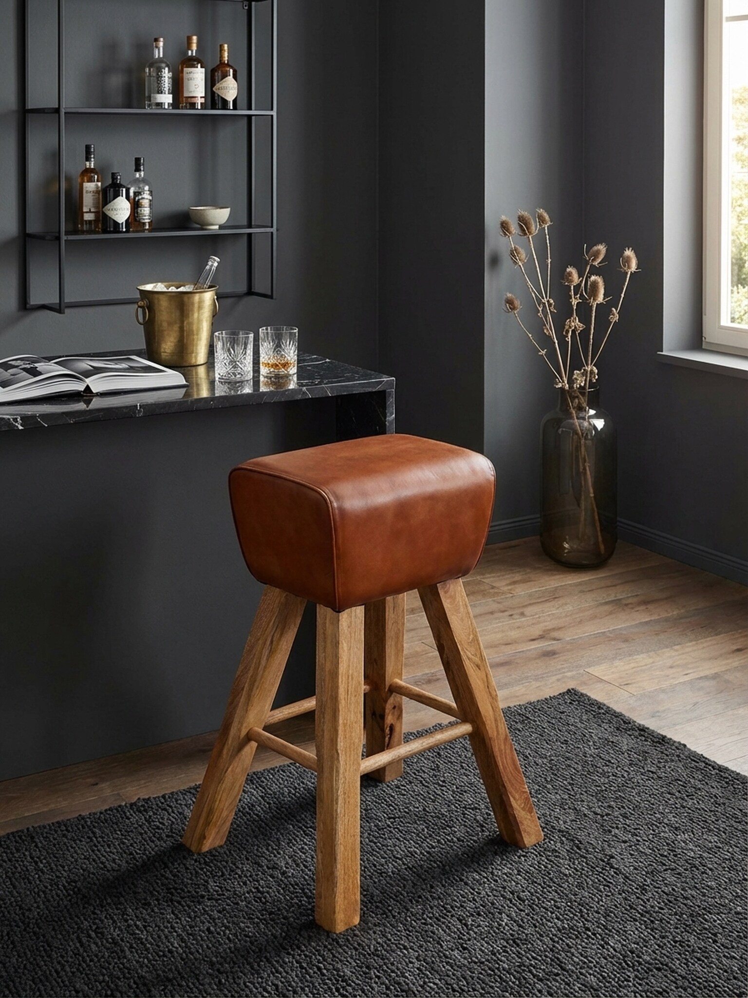 Barhocker &ndash; Mango Massivholz und Echtleder, Turnbock-Design, 43x75x43 cm, Braun, ohne Lehne - Bild 1