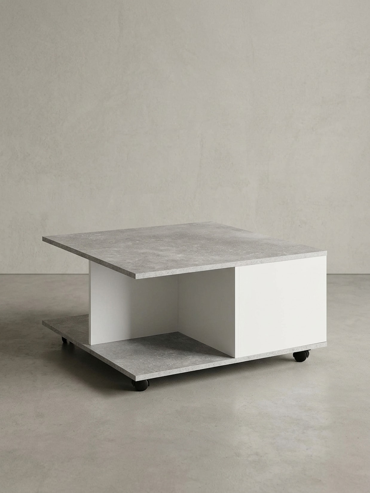 Couchtisch mit Rollen, 2 Schubladen und Fächern, Hellgrau 70x70x36 cm