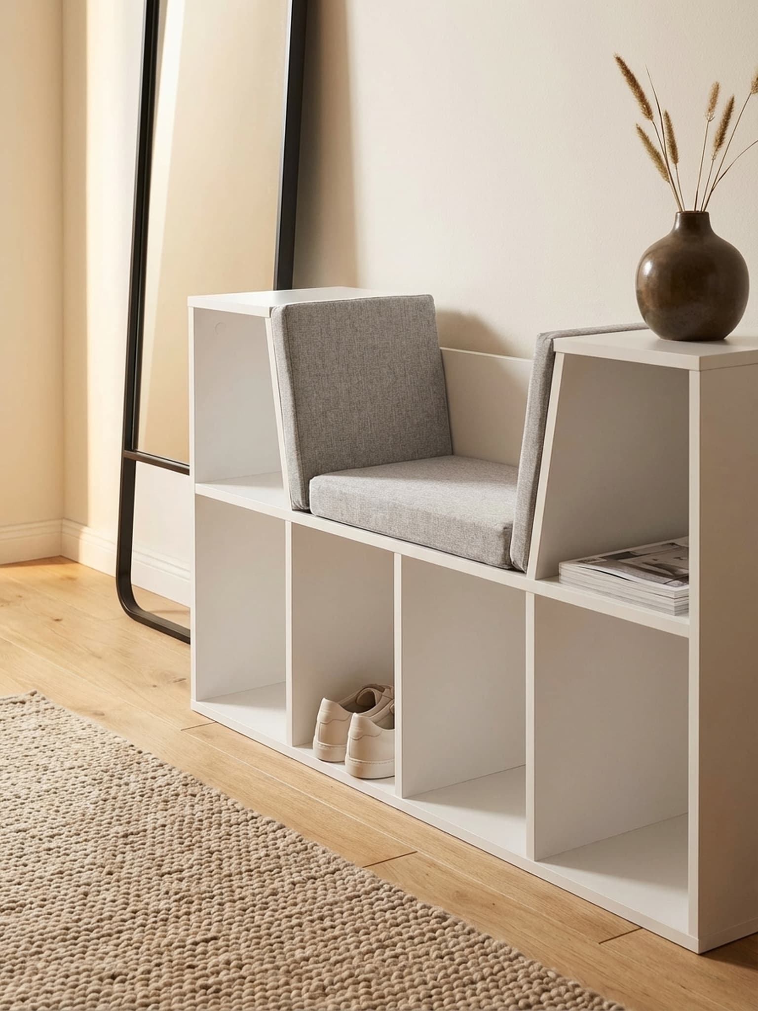 Regalbank &ndash; Wei&szlig; matt, 101,5x61,5x30 cm, mit Sitzfl&auml;che Grau, 6 F&auml;cher - Bild 1
