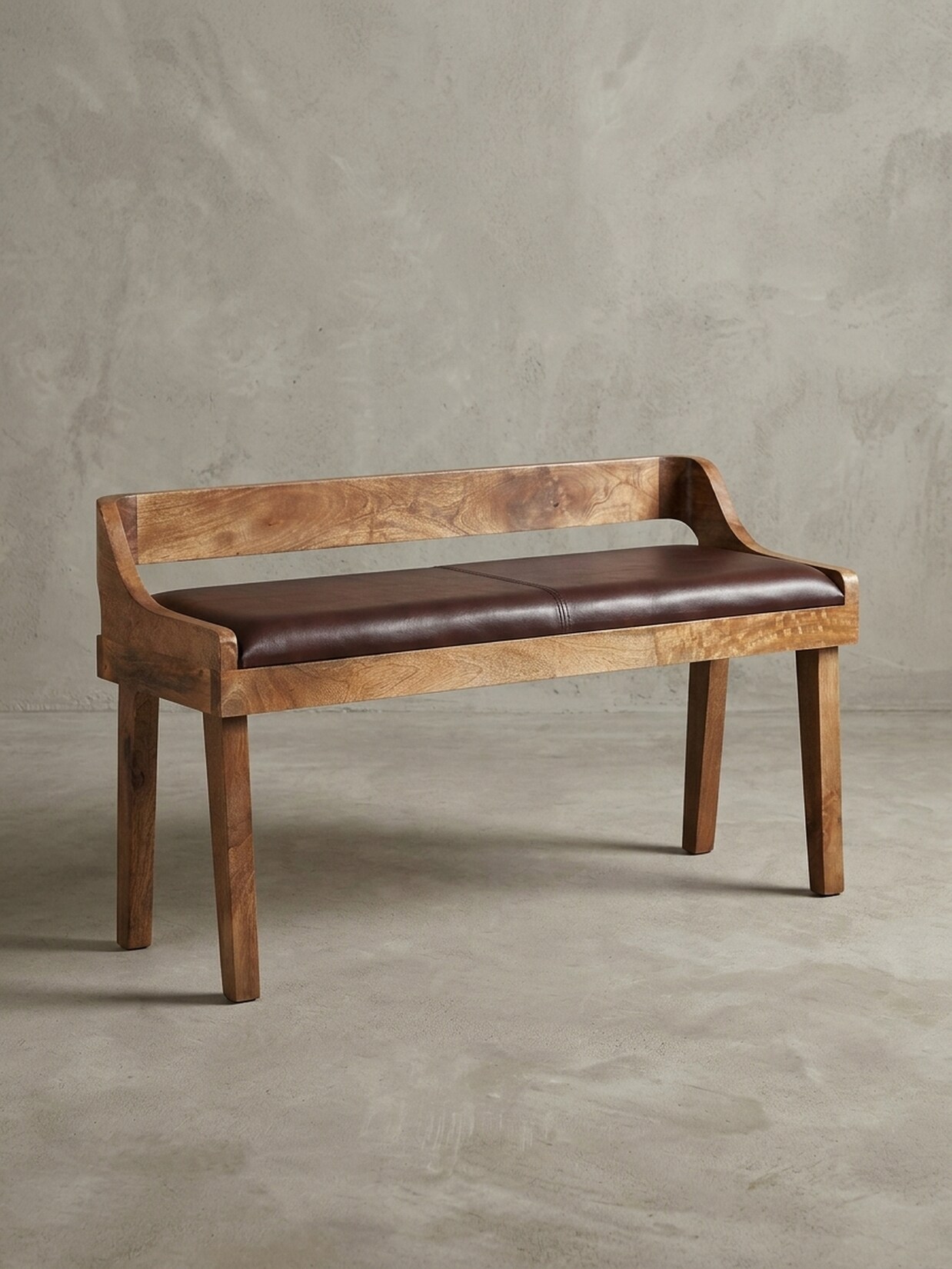 Sitzbank – Leder/Massivholz, 108x63x43 cm, Braun, mit Lehne