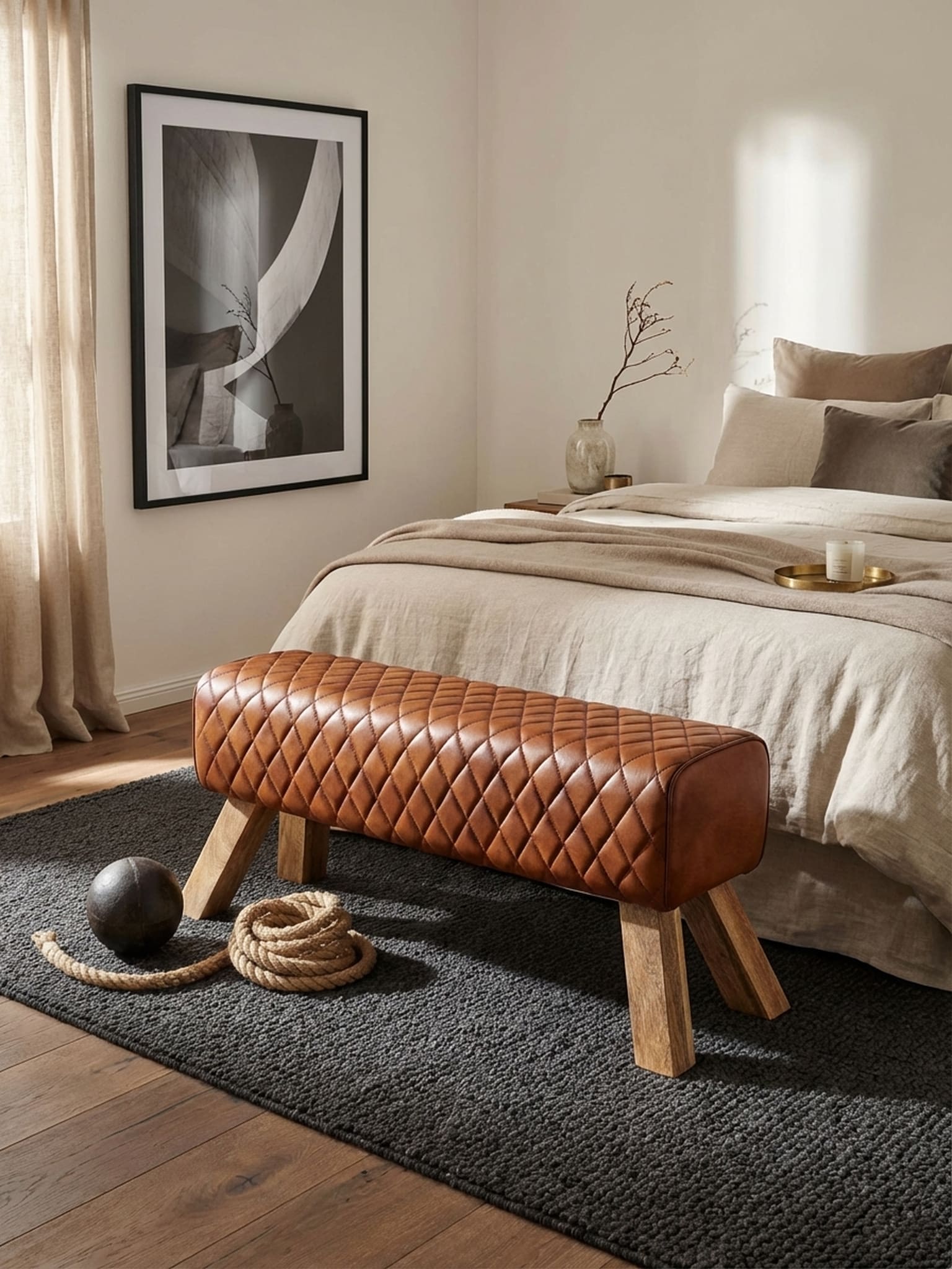 Sitzbank &ndash; Leder/Massivholz, 89x46x35 cm, Turnbock-Design - Bild 1