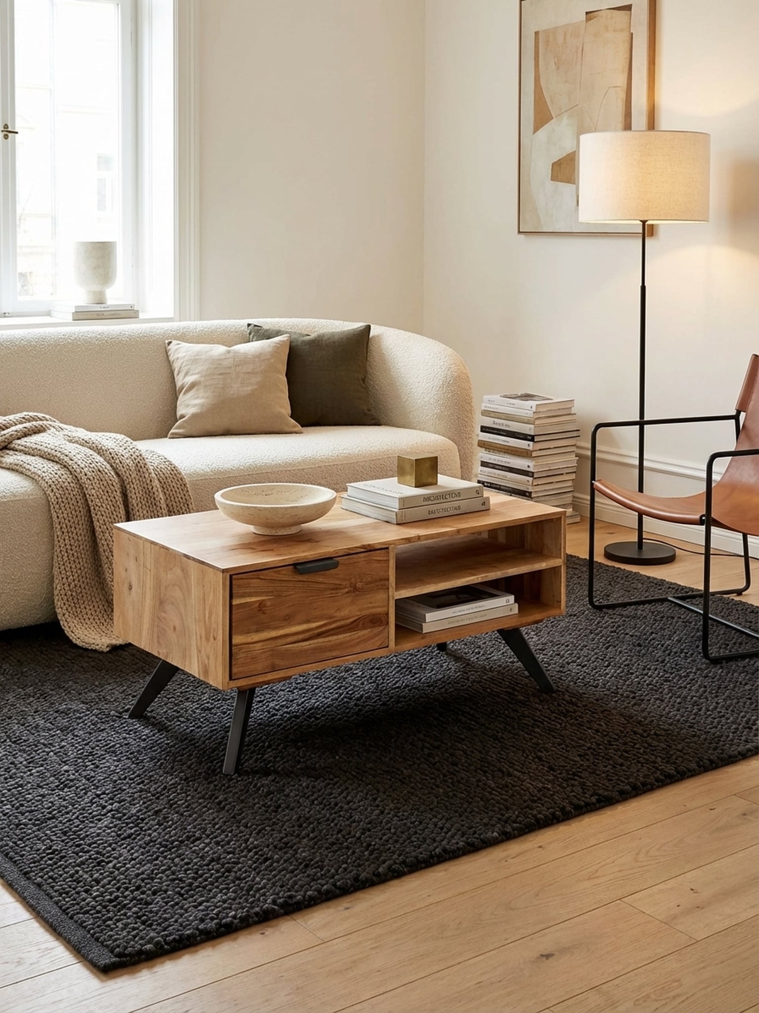 Couchtisch Akazie Massivholz Rechteckig 95x45x45 cm mit Stauraum und Schublade - Bild 1