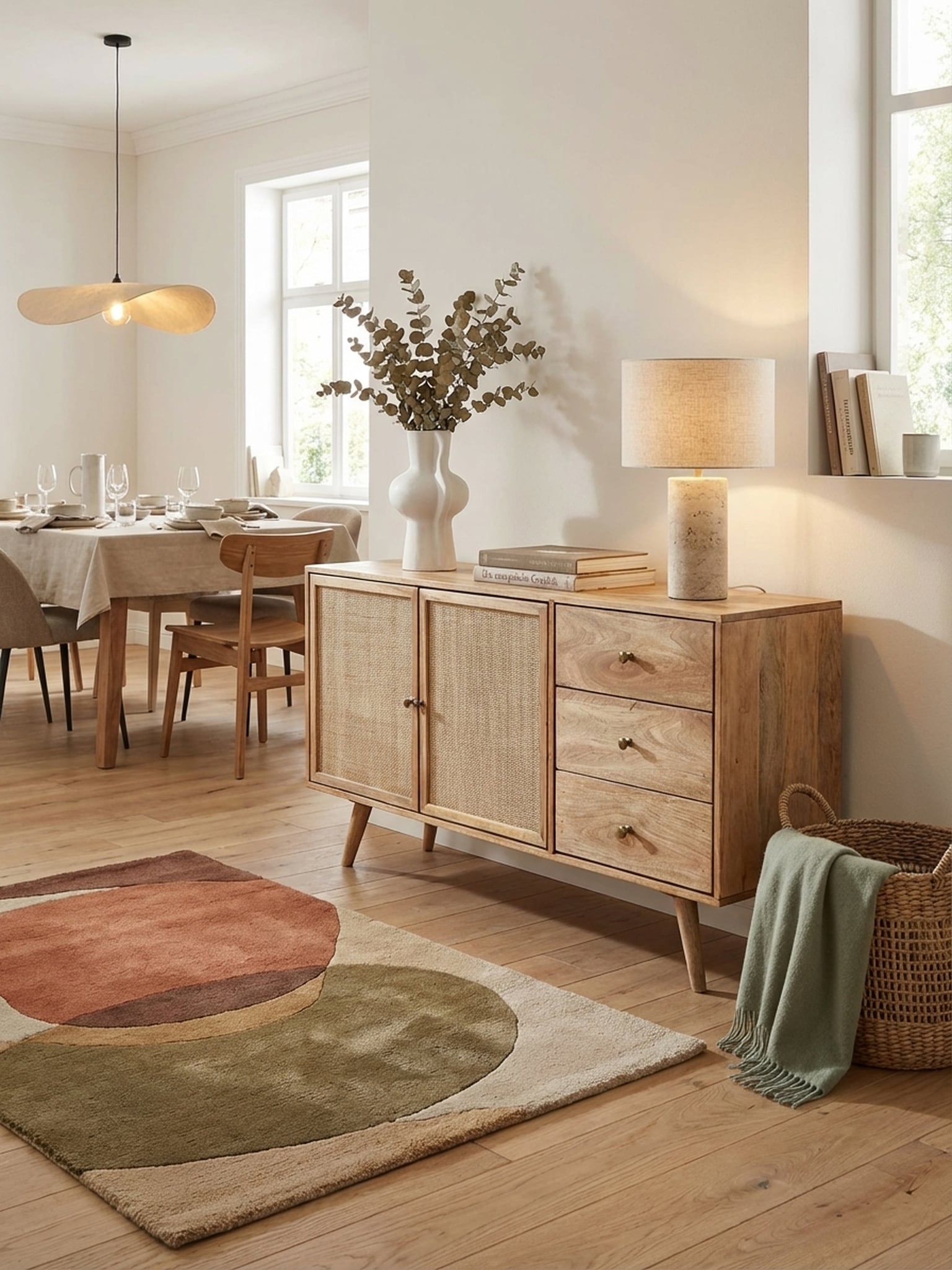 Sideboard &ndash; Mango Massivholz/Rattan, 140x75x40&nbsp;cm, 3 Schubladen, 2 T&uuml;ren - Bild 1