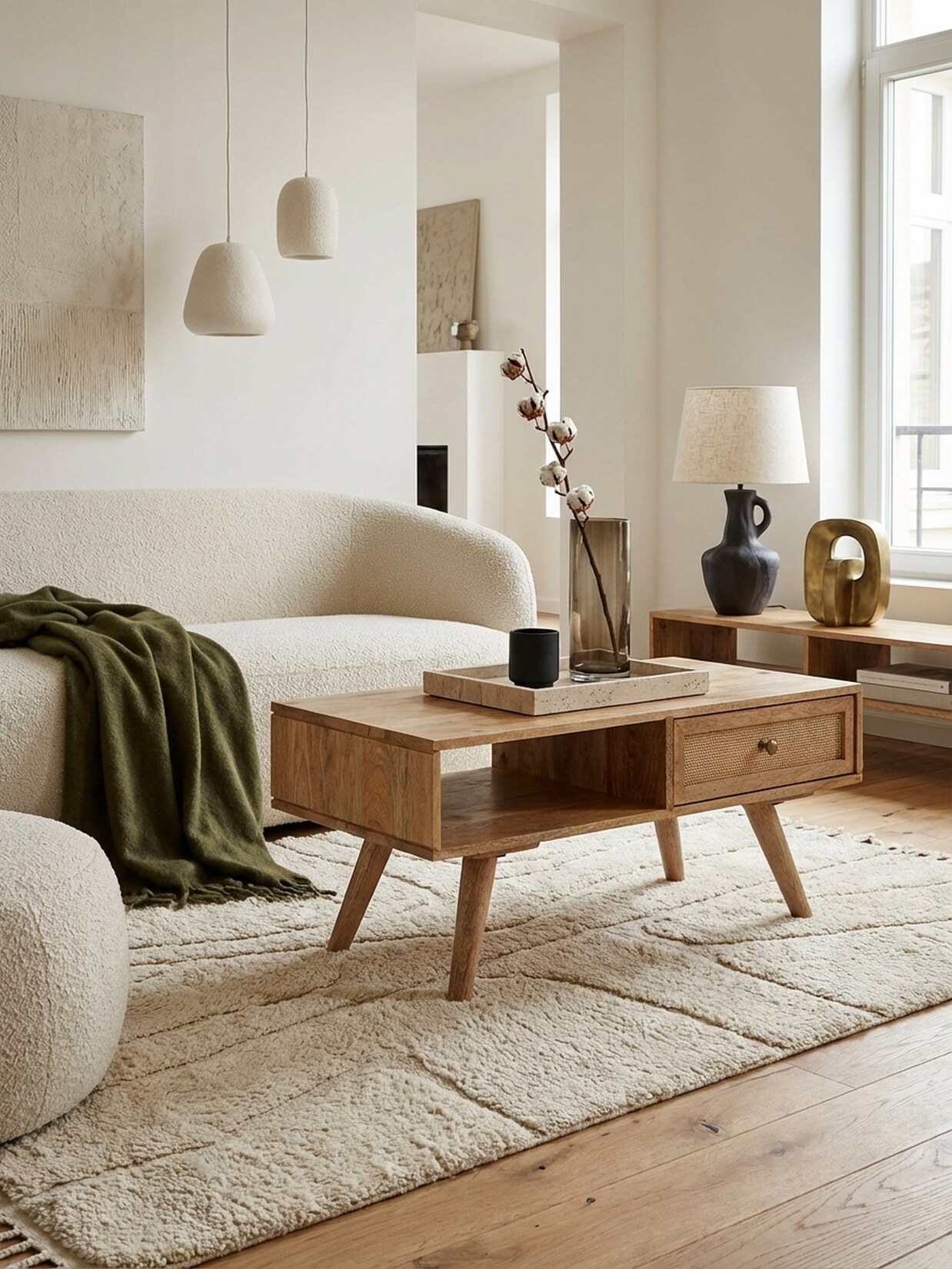 Couchtisch in Naturfarben aus Mango Massivholz und Rattan, 90x40x45cm mit Stauraum und Schublade