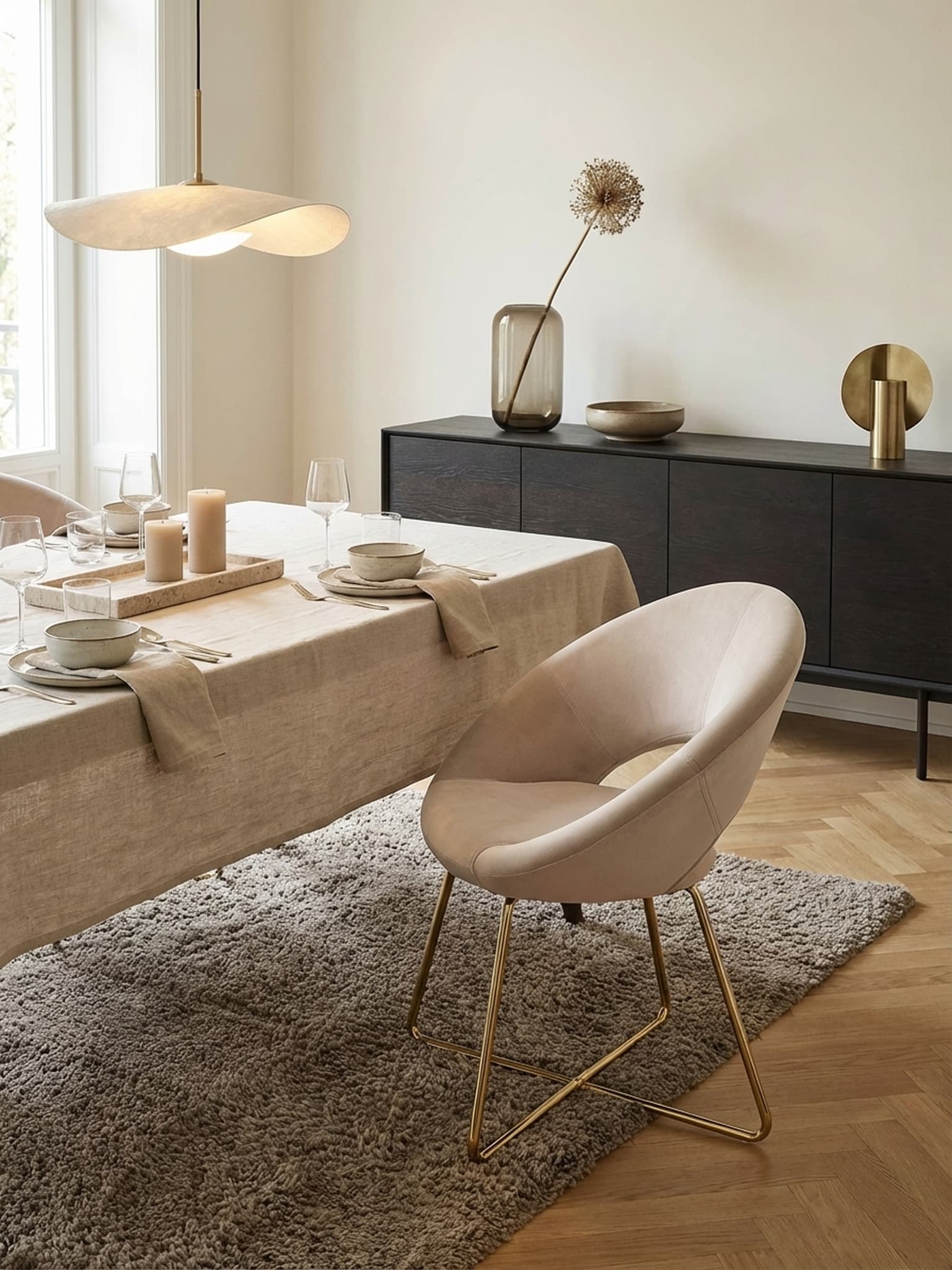 Esszimmerstuhl aus Samt Beige mit goldfarbenem Metallgestell - Bild 1