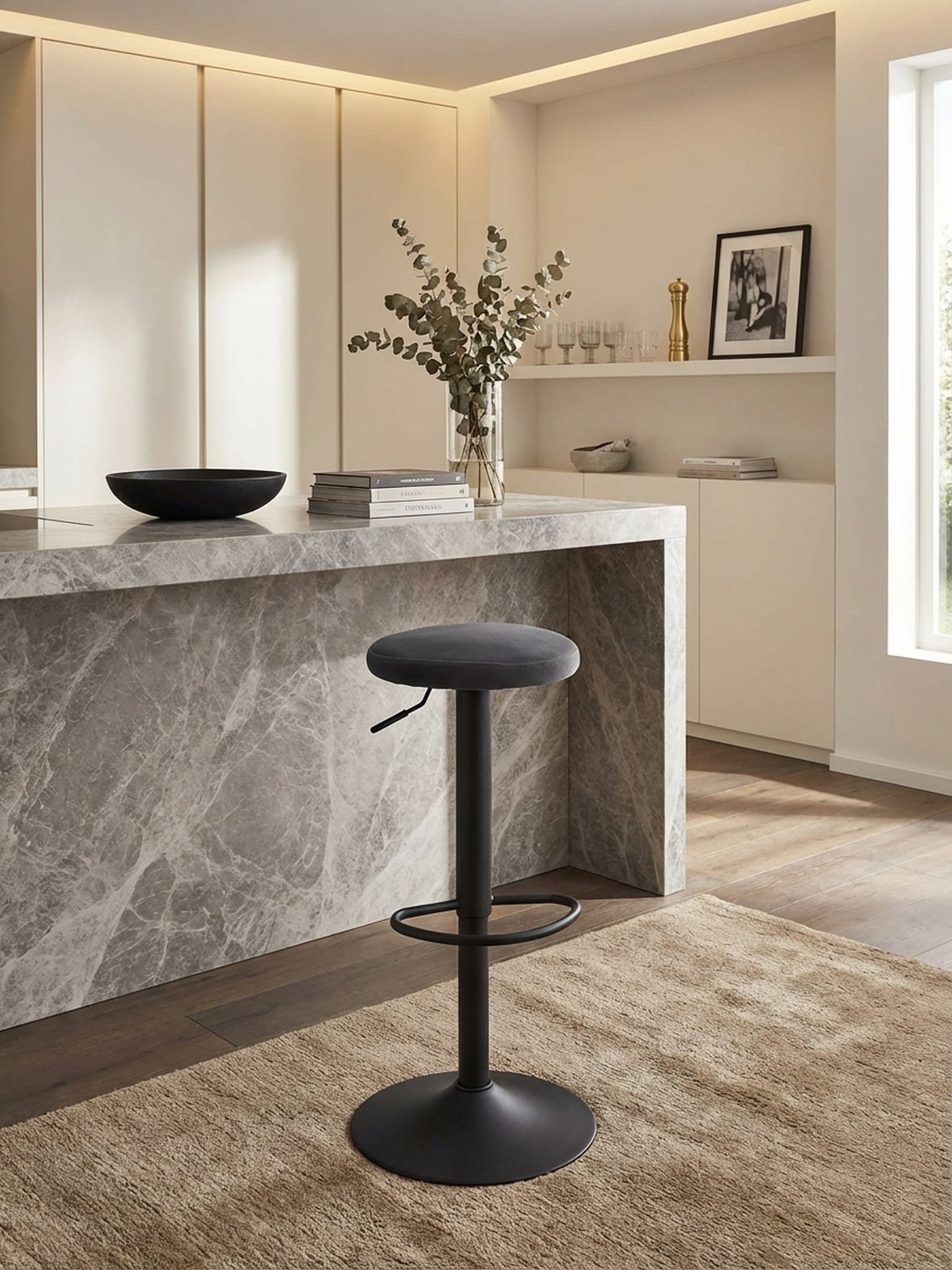 Barhocker Samt H&ouml;henverstellbar Ohne Lehne Drehbar Metallgestell, Grau 40x40x79 cm - Bild 1