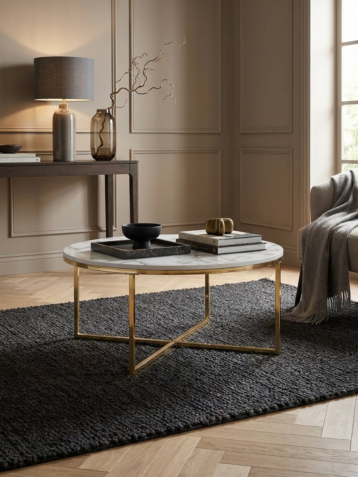 Couchtisch mit Marmoroptik und Metall-Gestell, Rund, Weiß 80x80x35 cm