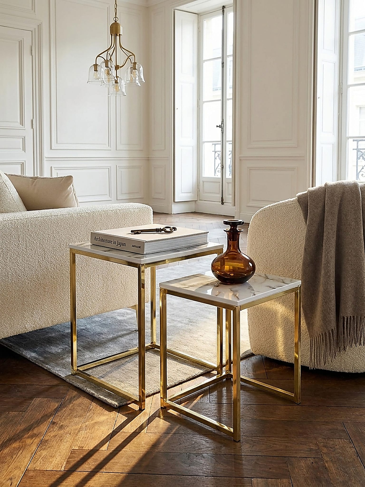 Beistelltisch Set &ndash; 2-teilig Marmoroptik Wei&szlig; Metall Gold Eckig - Bild 1