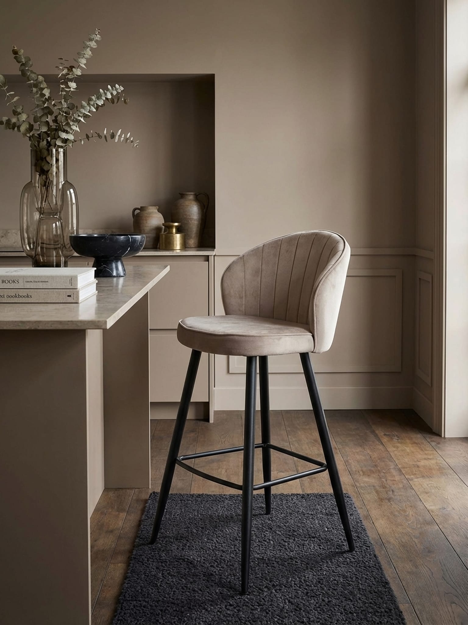 Barhocker Samt Lehne Skandi-Stil Stoff Metall Gepolstert, Beige 53x56x103 cm - Bild 1